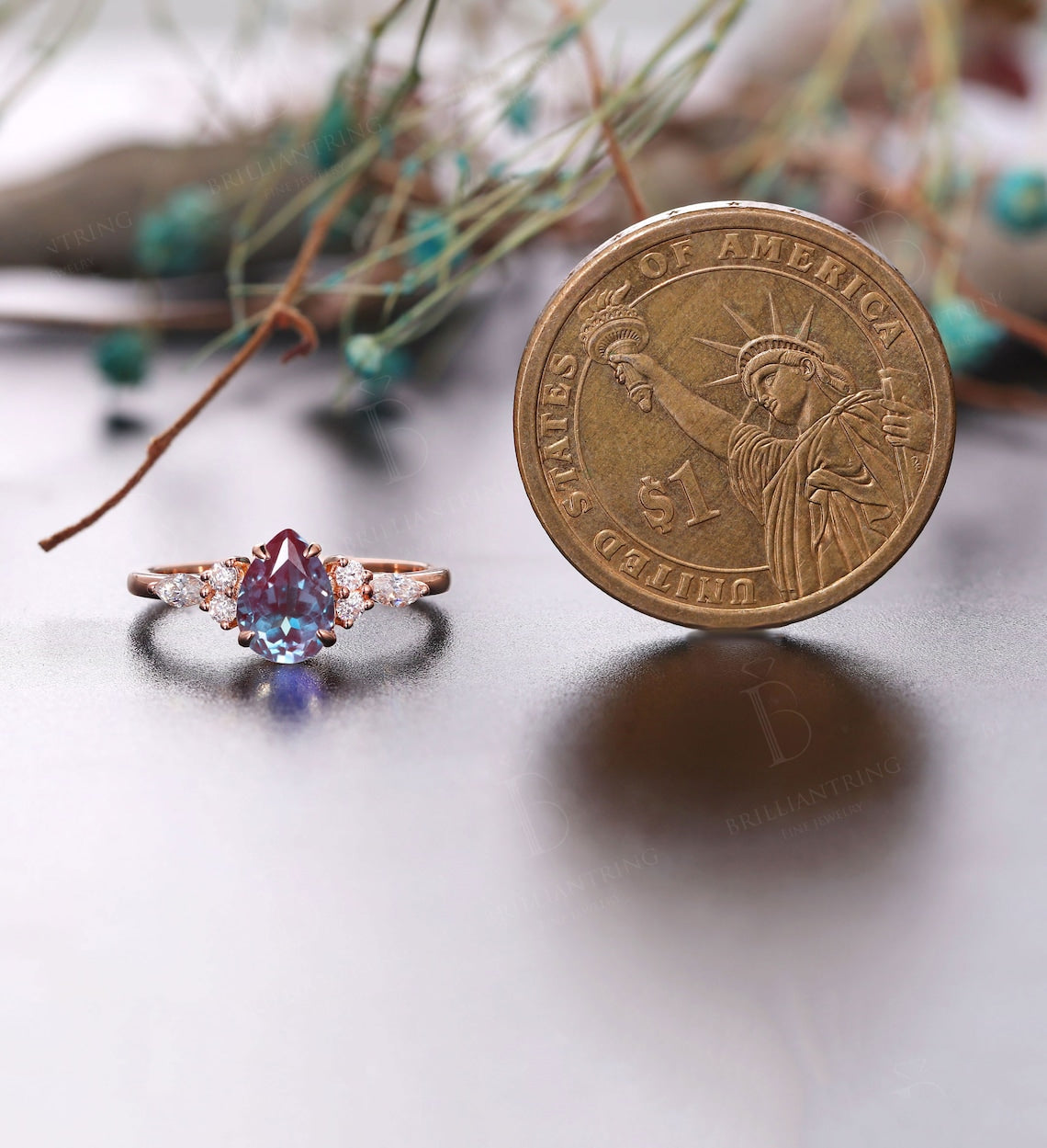 Pear shaped Alexandrite engagement ring Vintage rose gold cluster ring Art Deco unique diamond bridal ring antique ring anniversary ring