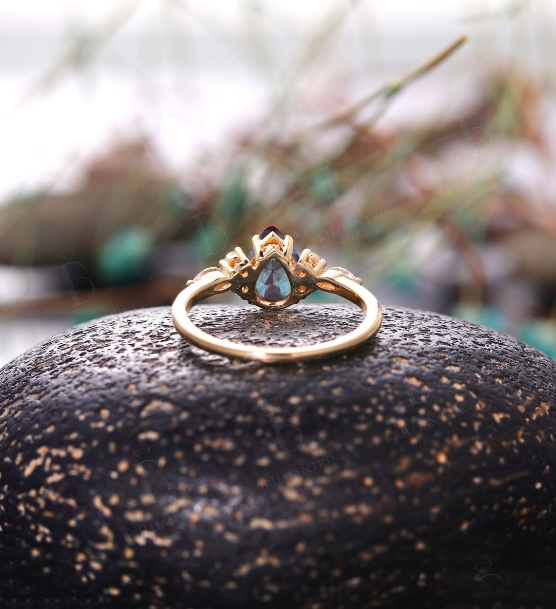 Pear shaped Alexandrite engagement ring Vintage rose gold cluster ring Art Deco unique diamond bridal ring antique ring anniversary ring