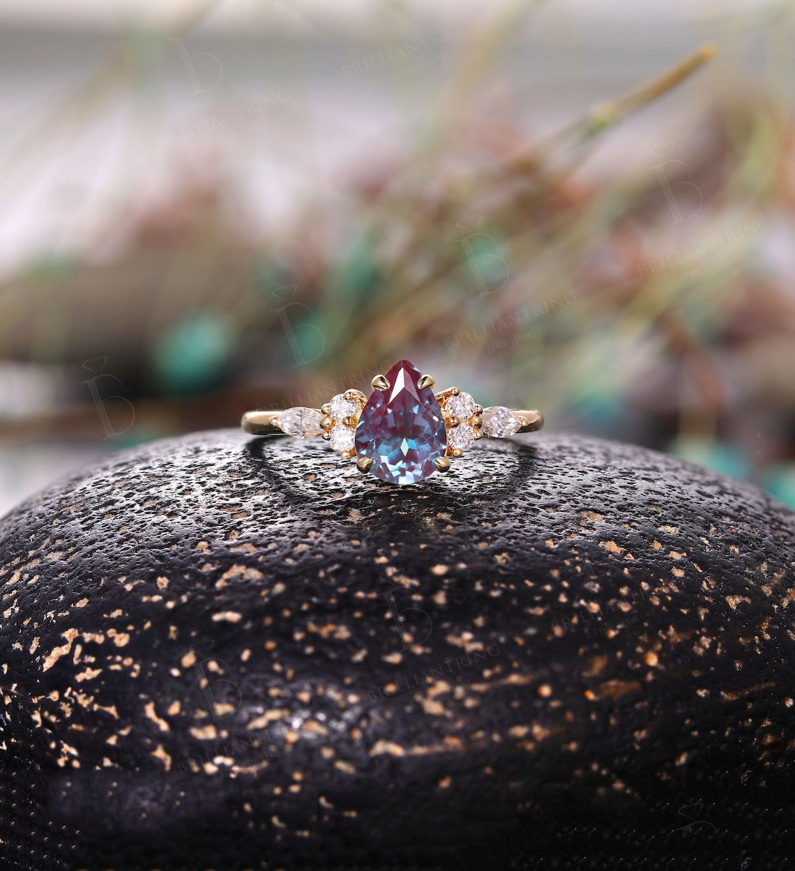 Pear shaped Alexandrite engagement ring Vintage rose gold cluster ring Art Deco unique diamond bridal ring antique ring anniversary ring