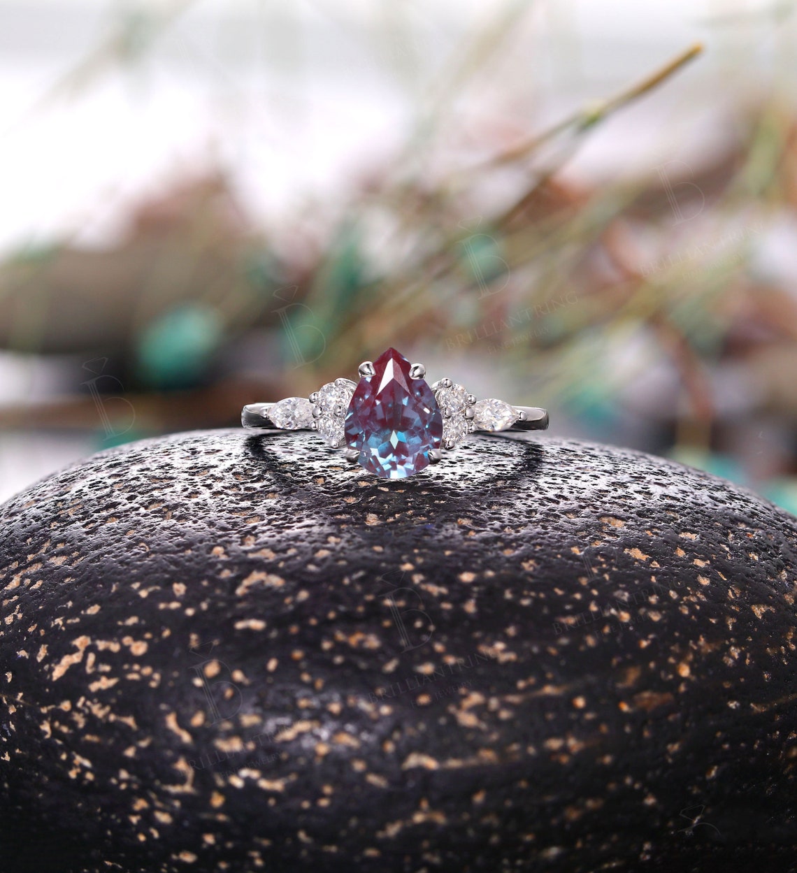 Pear shaped Alexandrite engagement ring Vintage rose gold cluster ring Art Deco unique diamond bridal ring antique ring anniversary ring