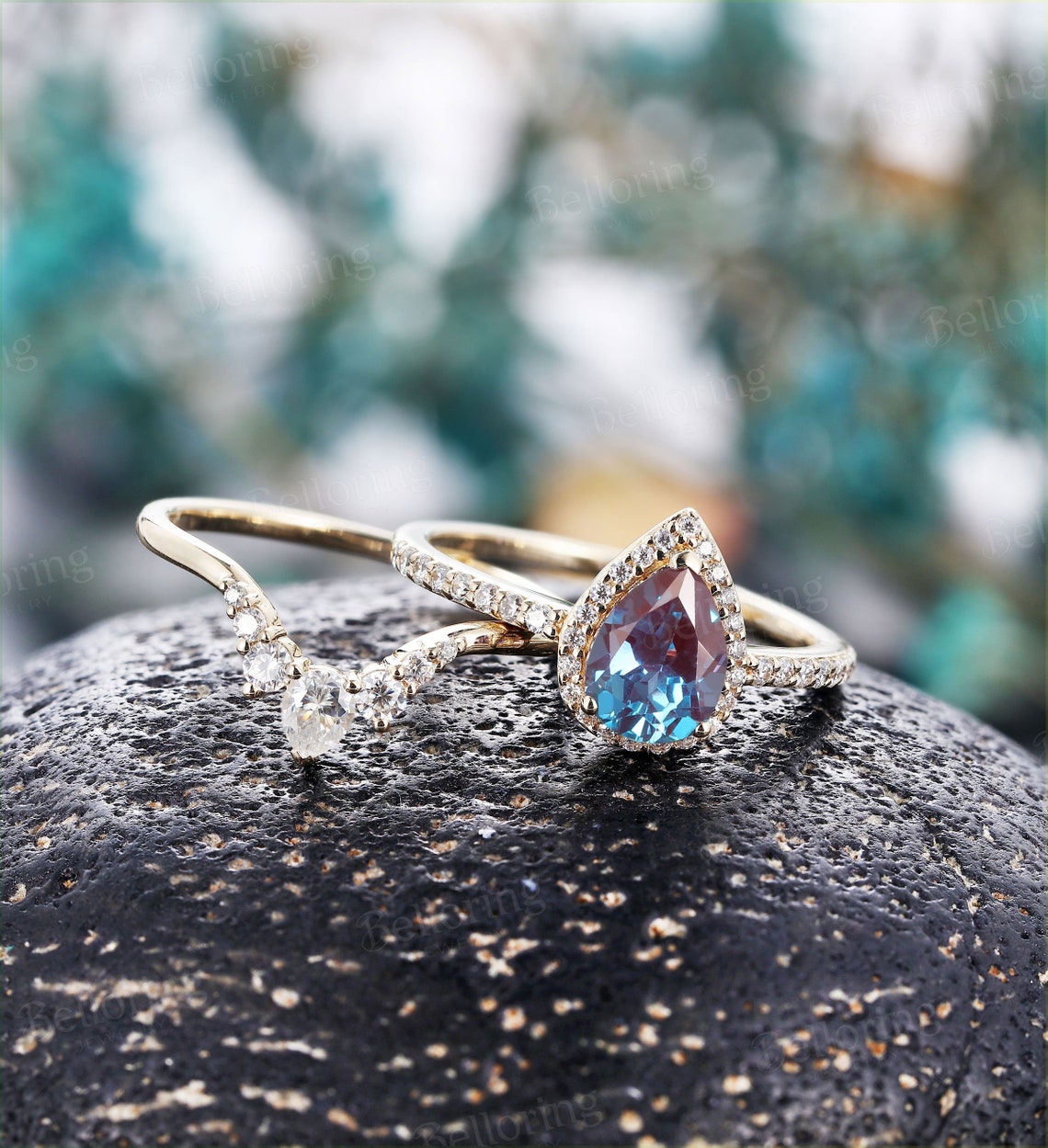 Alexandrite engagement ring vintage pear shaped unique moissanite stacking Wedding Ring set art deco Anniversary yellow gold ring