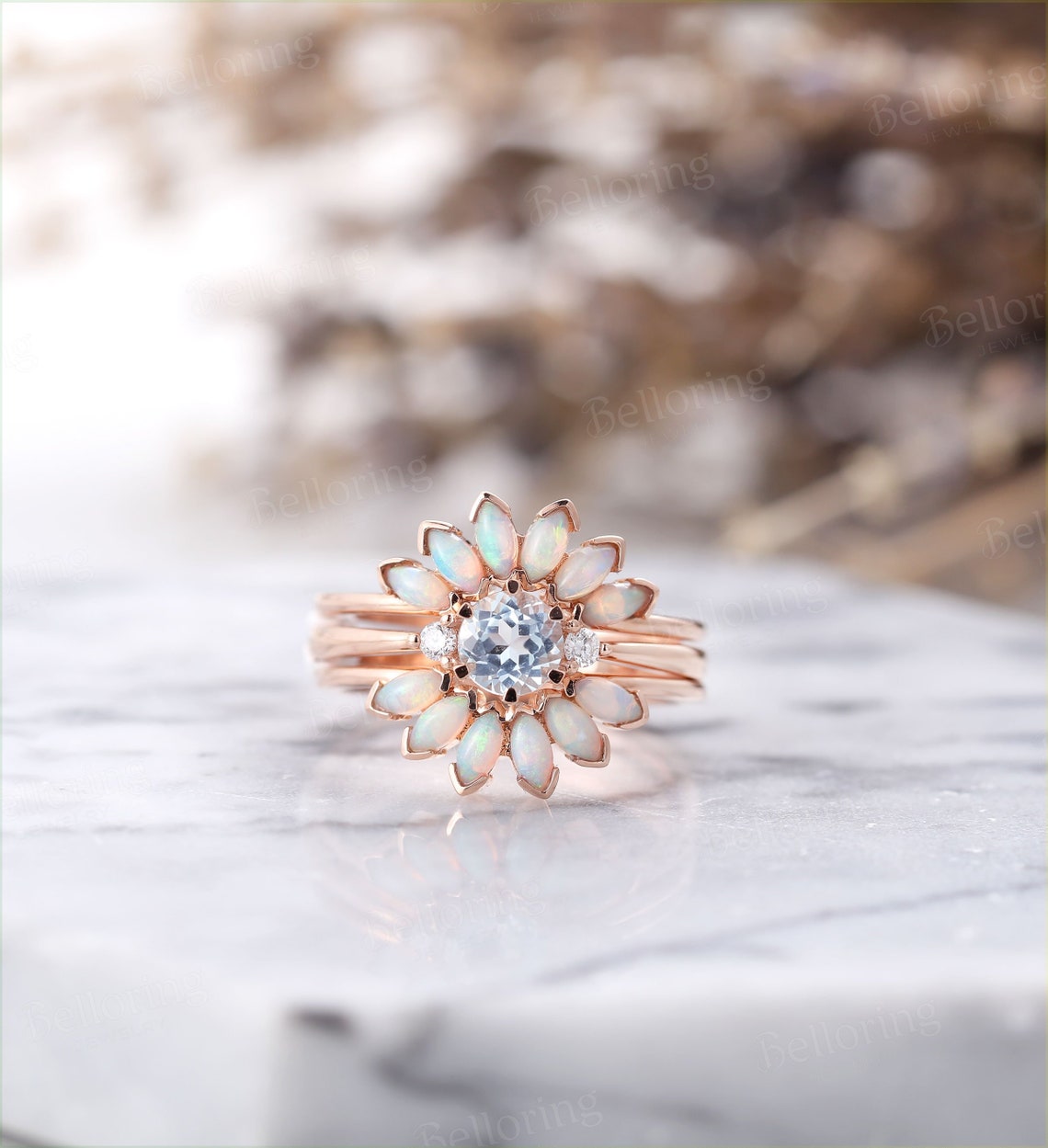 Aquamarine engagement ring , Marquise cut opal wedding band,Vintage rose gold wedding ring,Art deco Jewelry Anniversary wedding ring