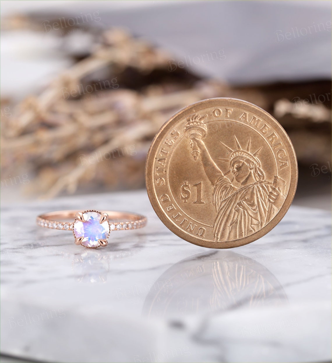 Moonstone engagement ring vintage rose gold prong set diamond half eternity art deco Wedding Jewelry promise Anniversary wedding ring