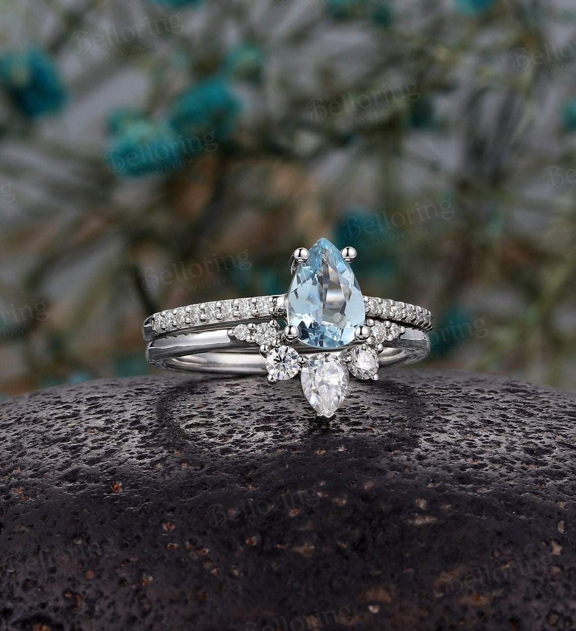 Aquamarine engagement ring set white gold wedding band set pear cut ring set vintage diamond/moissanite Half eternity band Anniversary ring