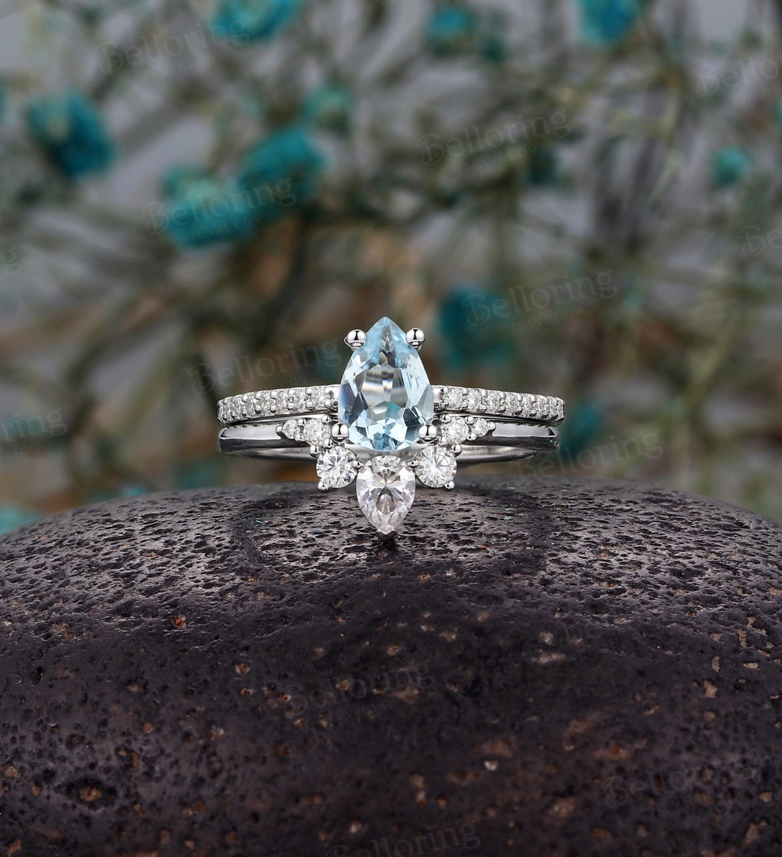 Aquamarine engagement ring set white gold wedding band set pear cut ring set vintage diamond/moissanite Half eternity band Anniversary ring