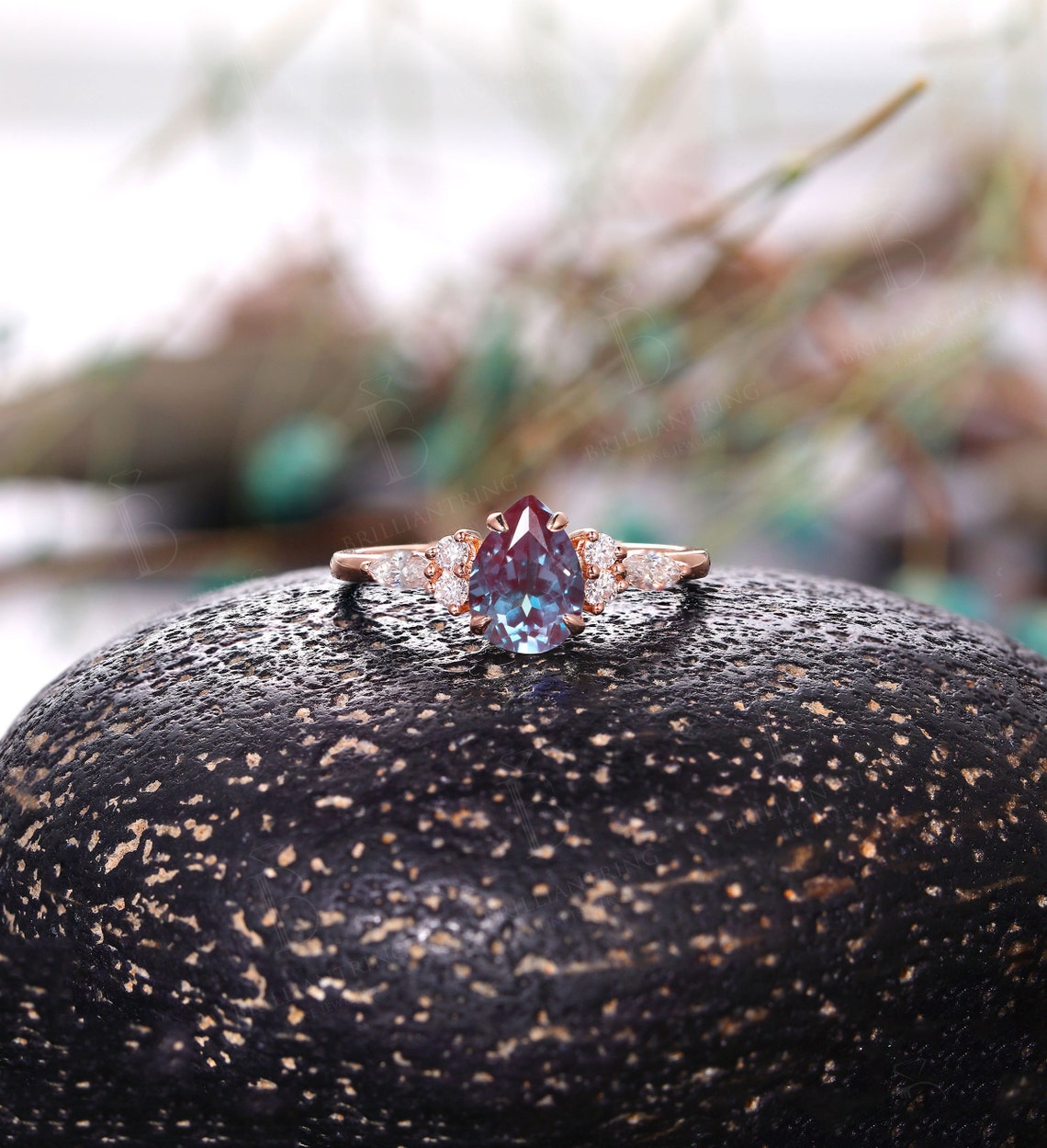 Pear shaped Alexandrite engagement ring Vintage rose gold cluster ring Art Deco unique diamond bridal ring antique ring anniversary ring