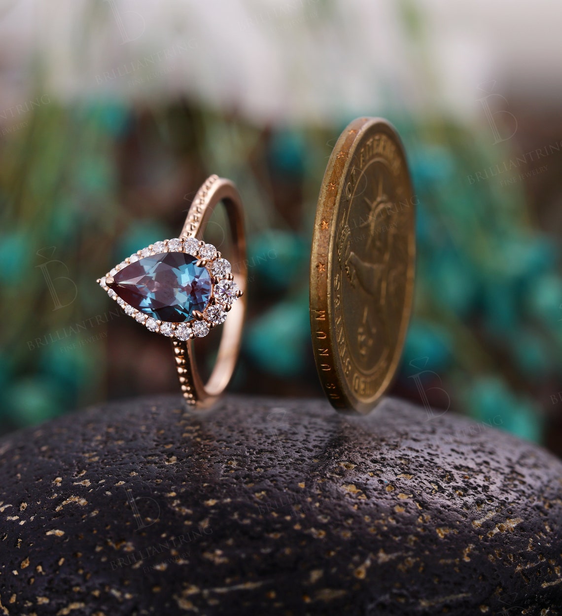 Vintage Alexandrite engagement ring Pear shaped Rose gold ring milgrain art deco halo moissanite ring unique art deco anniversary ring