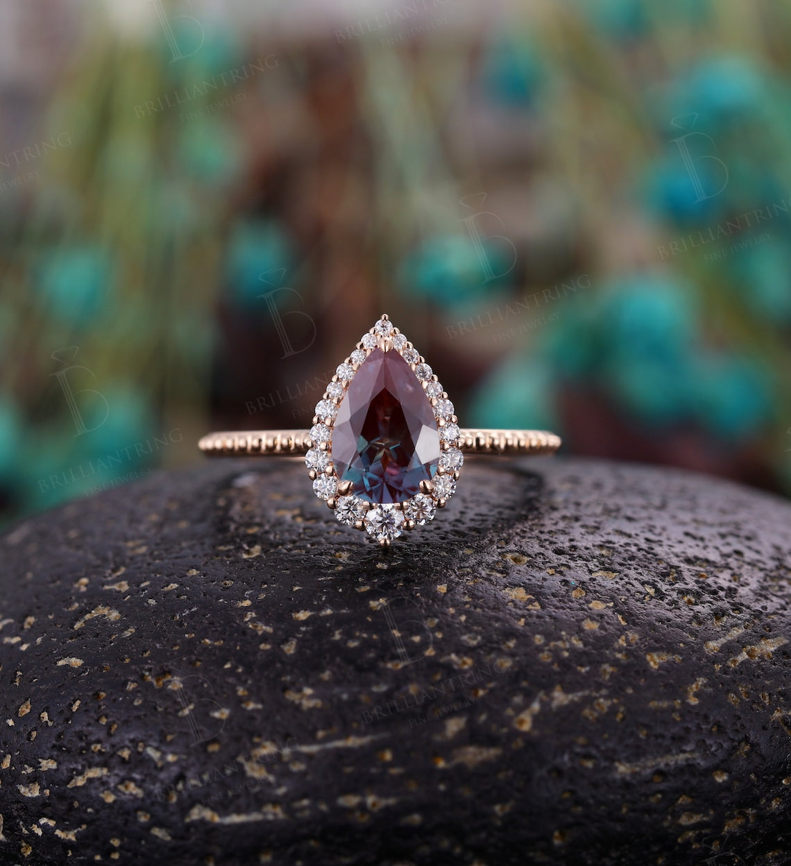 Vintage Alexandrite engagement ring Pear shaped Rose gold ring milgrain art deco halo moissanite ring unique art deco anniversary ring