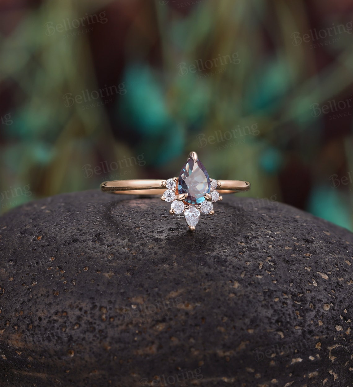 Vintage Pear shaped Alexandrite Engagement Ring,rose gold ring art deco moissanite ring,diamond wedding ring unique Anniversary promise Ring