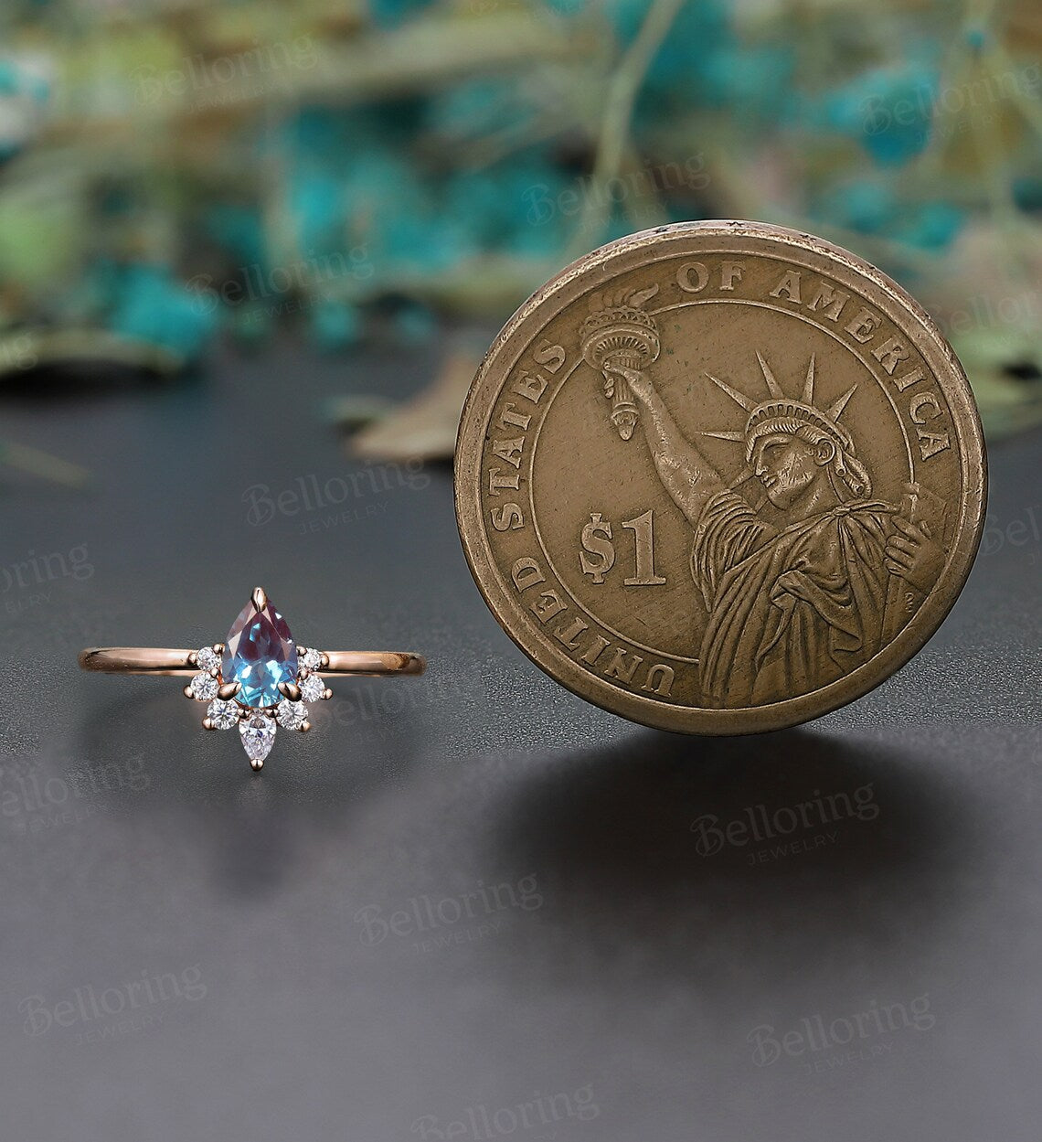 Vintage Pear shaped Alexandrite Engagement Ring,rose gold ring art deco moissanite ring,diamond wedding ring unique Anniversary promise Ring