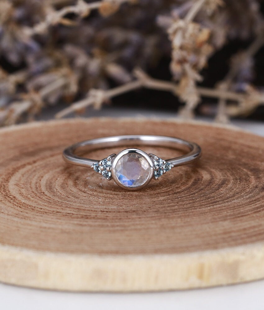 Art deco engagement ring  Vintage moonstone Topaz white gold Unique Delicate wedding Jewelry birthstone Anniversary wedding ring