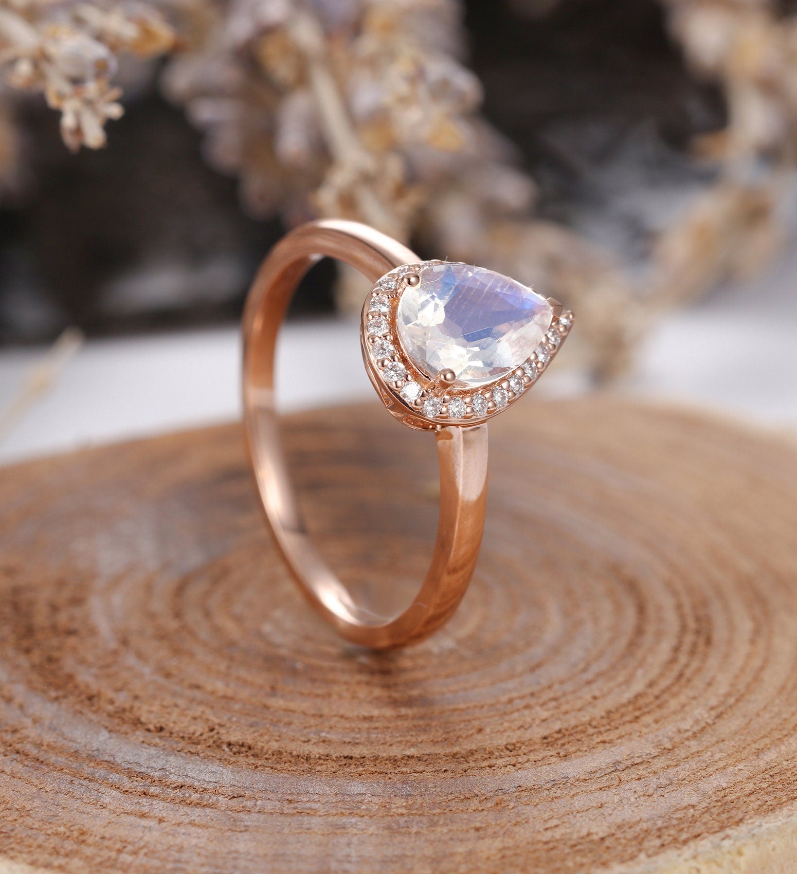 Moonstone engagement ring  Rose gold pear cut vintage Halo Moissanite unique Wedding Bridal Jewelry birthstone Anniversary wedding ring