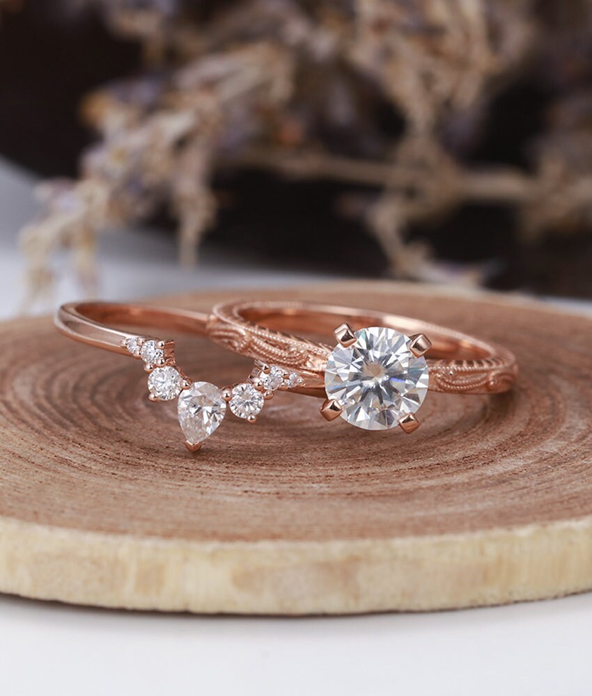 Moissanite engagement ring Vintage  round cut Art deco rose gold Unique wedding Bridal Jewelry antique promise Anniversary wedding ring