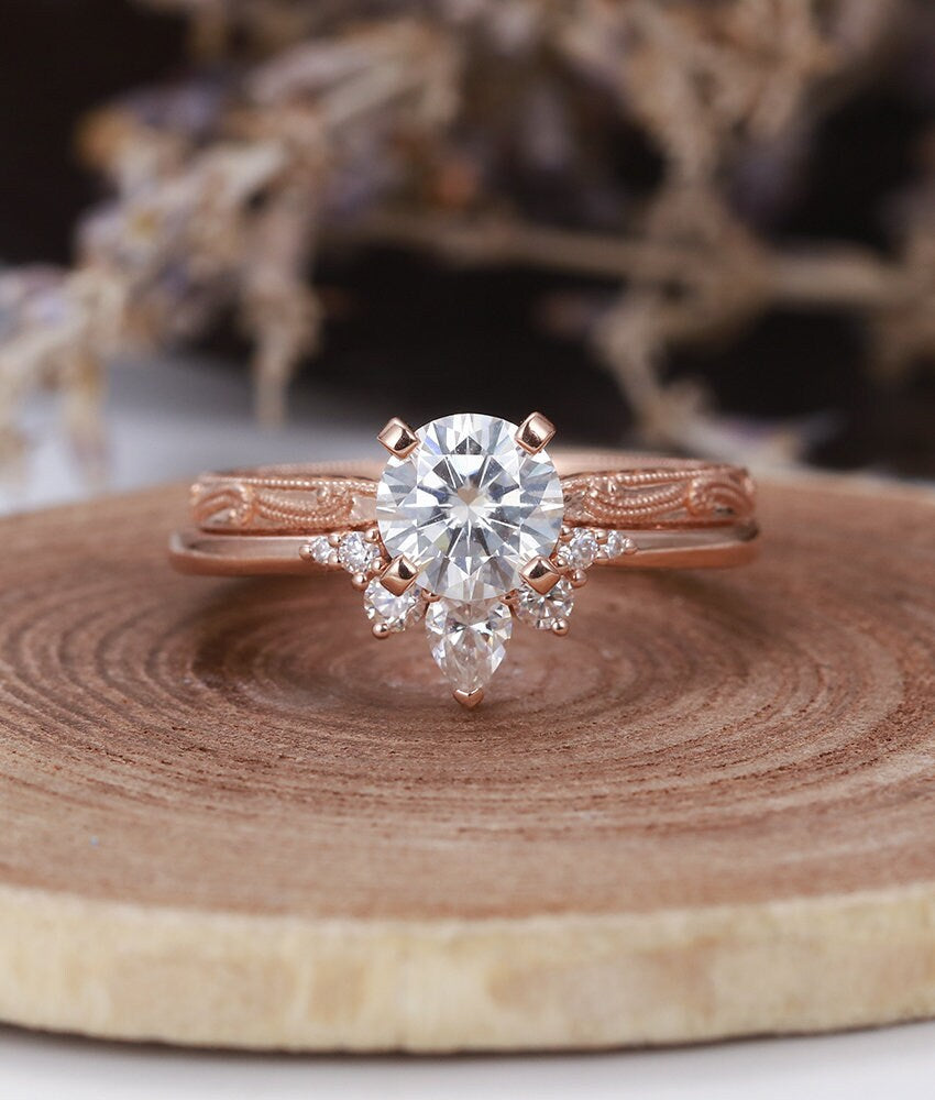 Moissanite engagement ring Vintage  round cut Art deco rose gold Unique wedding Bridal Jewelry antique promise Anniversary wedding ring