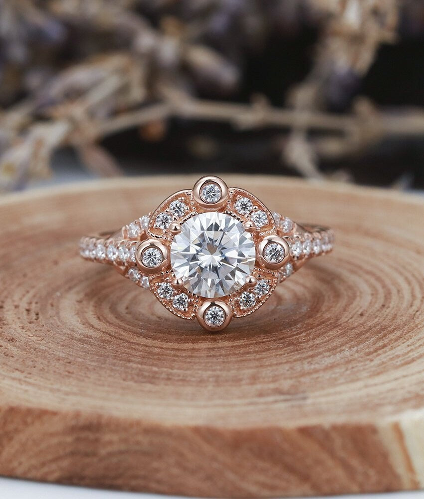 Moissanite Engagement Ring set  rose Gold vintage round cut Milgrain Art Deco  wedding ring   Promise Anniversary wedding ring