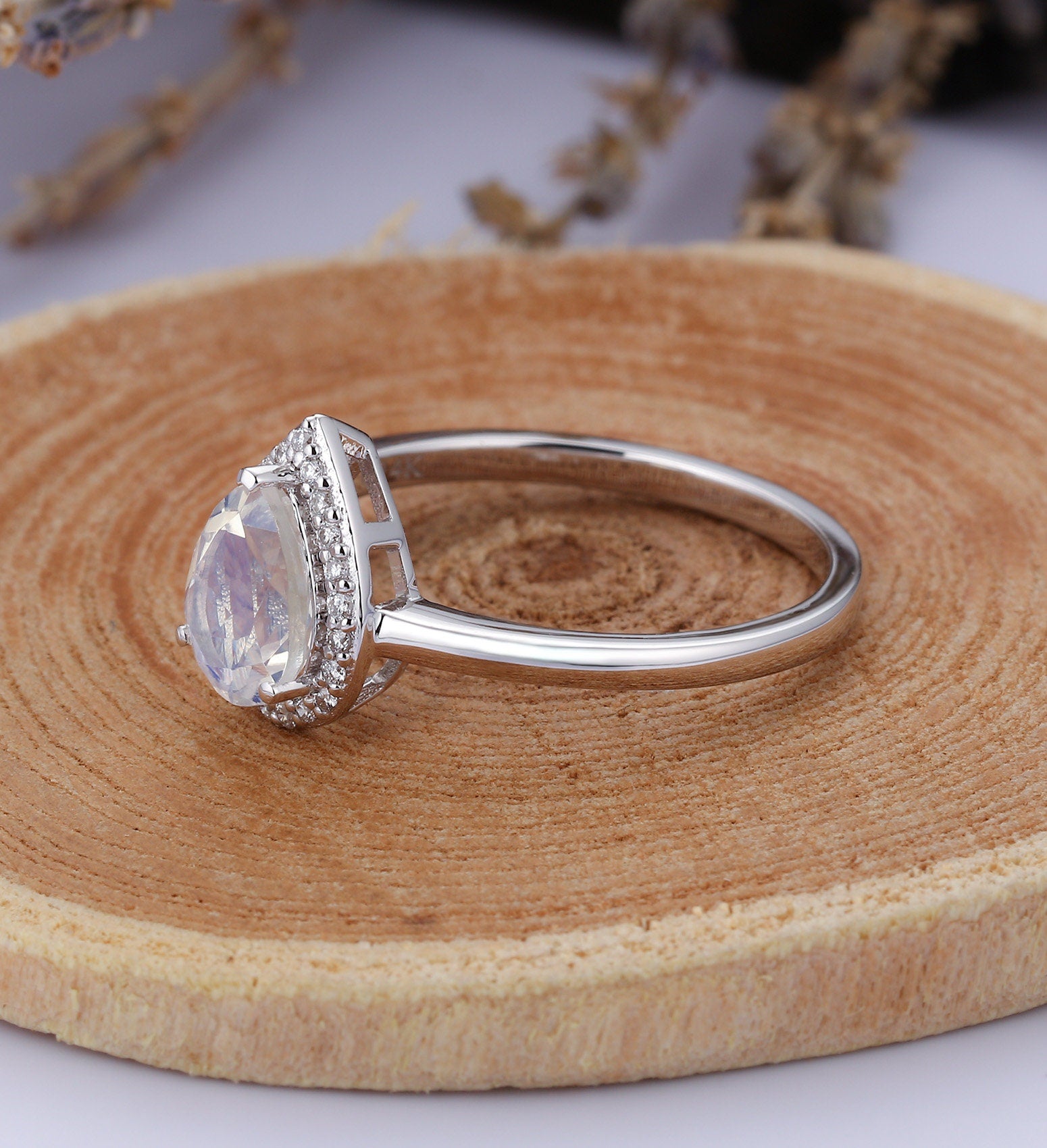 Moonstone engagement ring  Rose gold pear cut vintage Halo Moissanite unique Wedding Bridal Jewelry birthstone Anniversary wedding ring