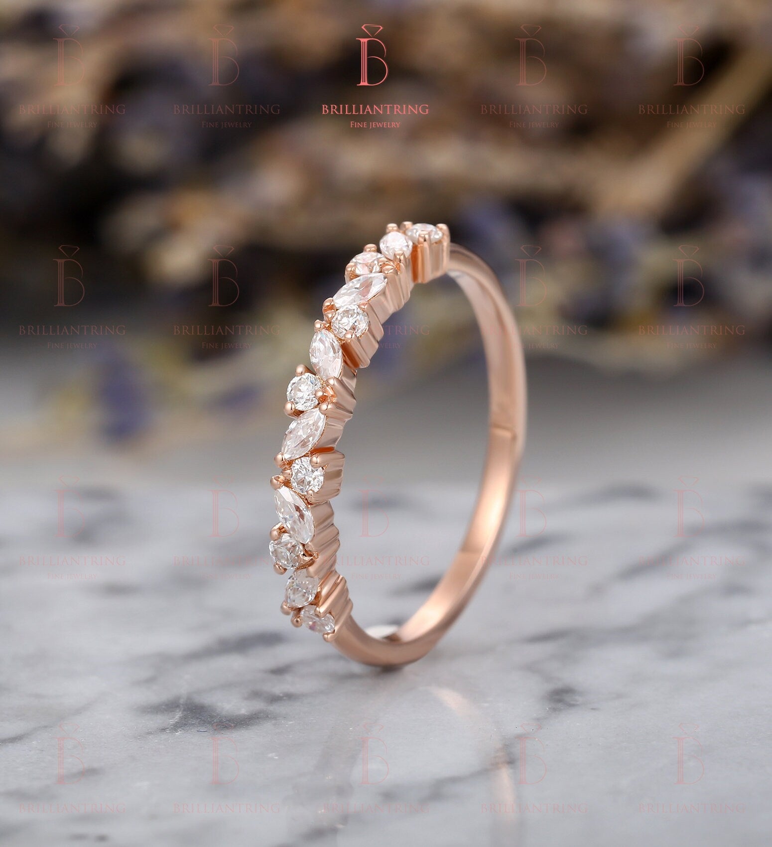 Marquise&Round cut Moissanite/Diamond straight wedding band vintage rose gold Half eternity antique unique bridal set Promise Matching band