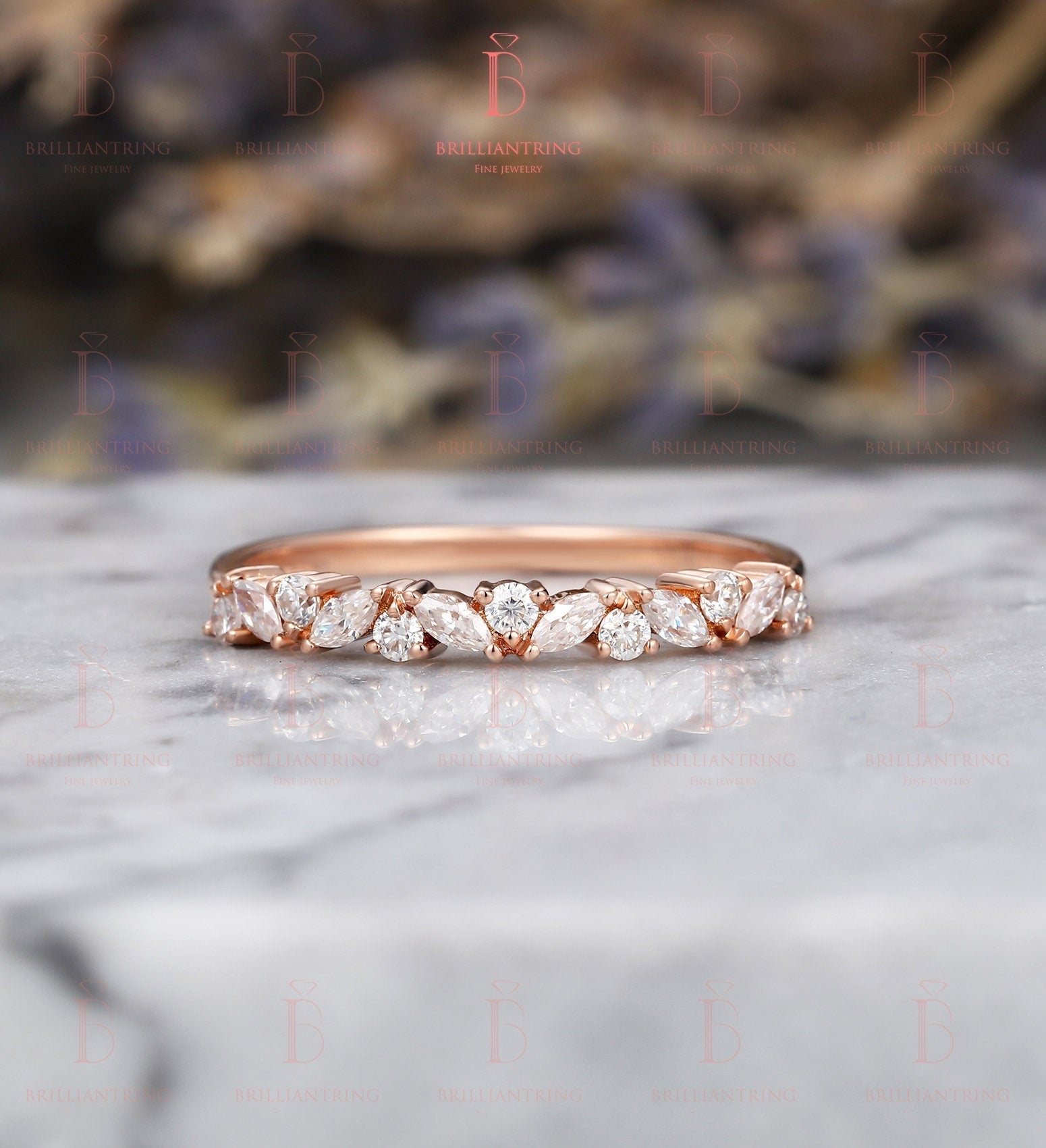 Marquise&Round cut Moissanite/Diamond straight wedding band vintage rose gold Half eternity antique unique bridal set Promise Matching band