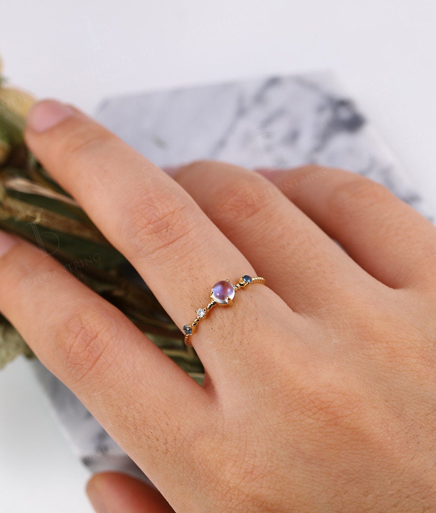 Moonstone engagement ring rose gold  diamond unique wedding milgrain sapphire Delicate Minimalist anniversary wedding ring Bridal set