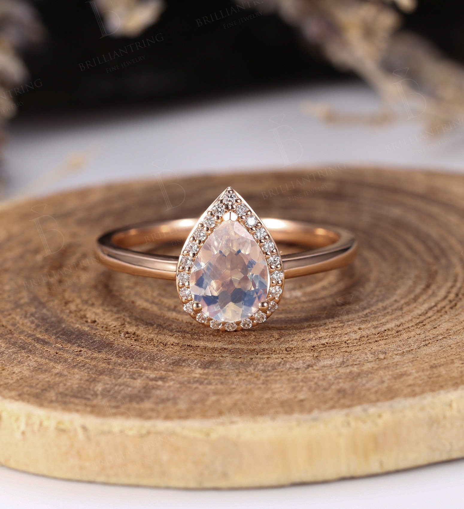 Moonstone engagement ring  Rose gold pear cut vintage Halo Moissanite unique Wedding Bridal Jewelry birthstone Anniversary wedding ring