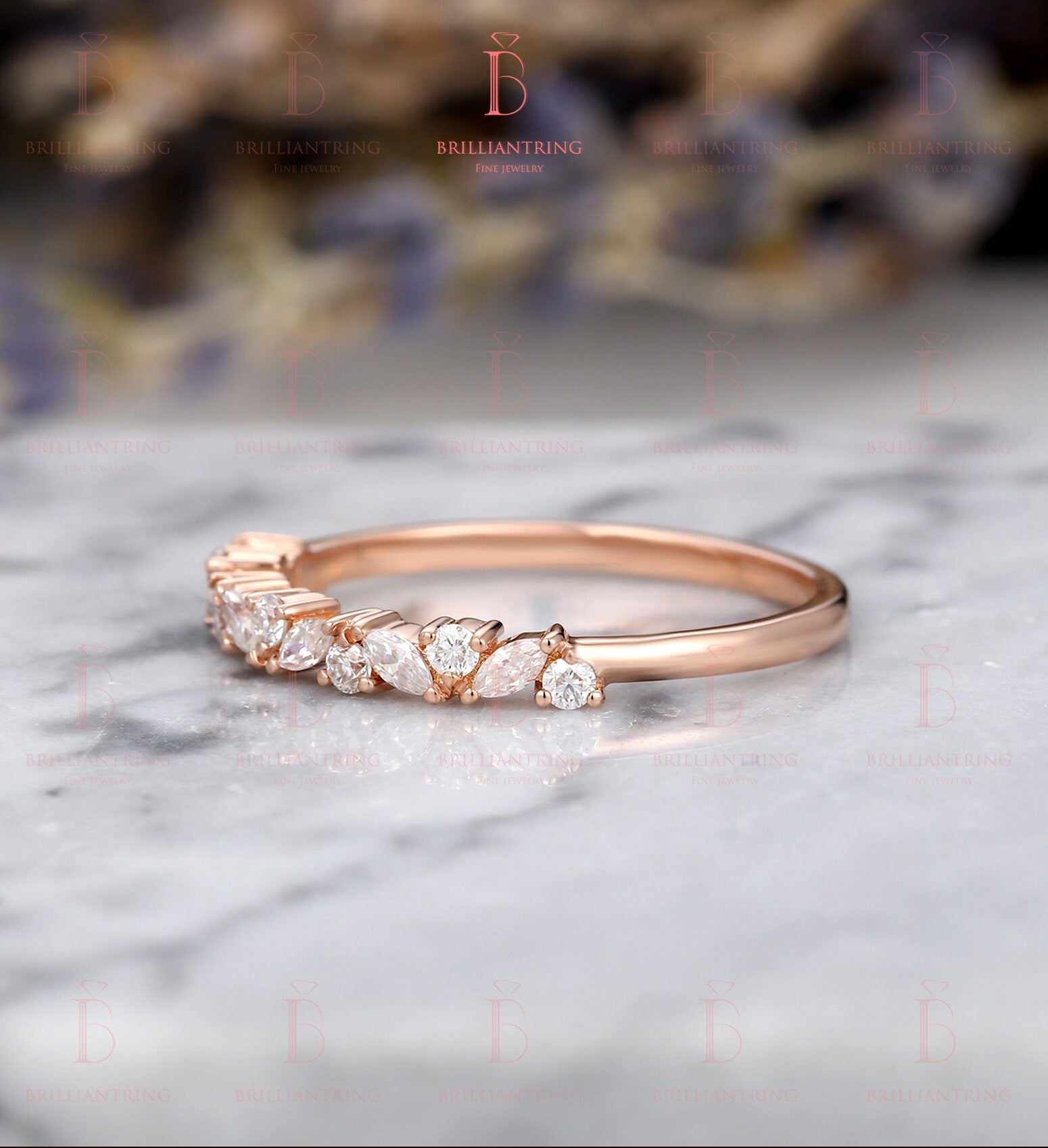 Marquise&Round cut Moissanite/Diamond straight wedding band vintage rose gold Half eternity antique unique bridal set Promise Matching band