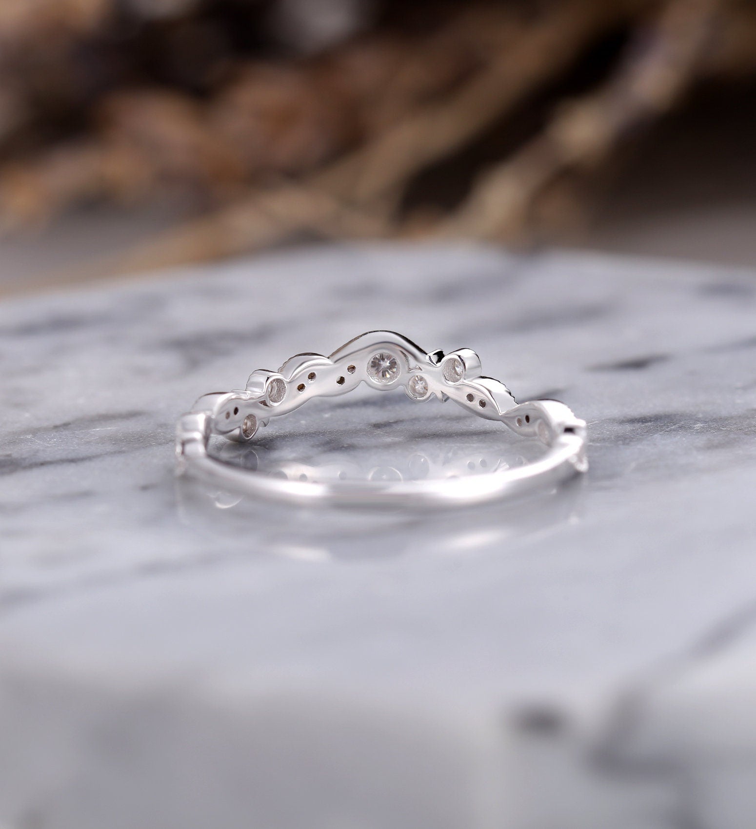 Moissanite & Diamond white gold Unique curved wedding band for  Art deco Jewelry birthstone Anniversary wedding ring stacking ring