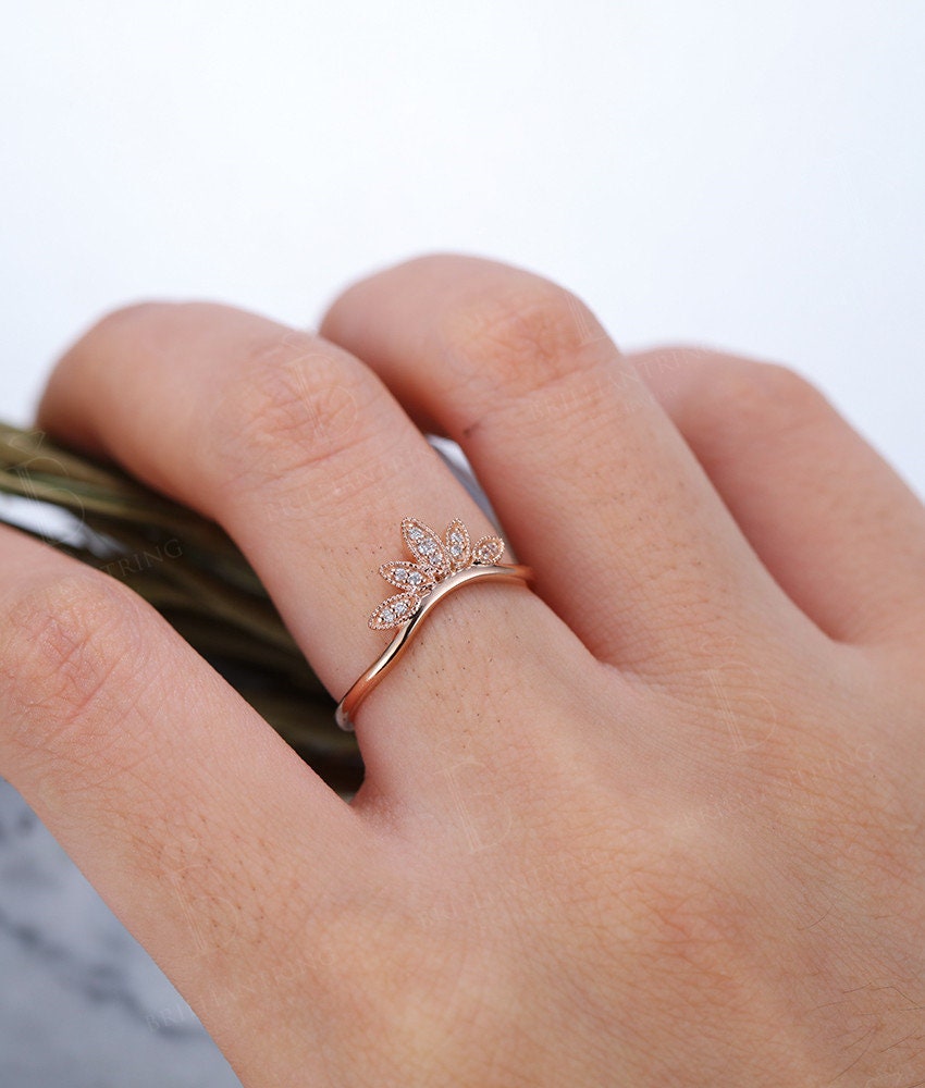 Alternative engagement ring vintage curved 14k rose gold Antique Halo diamond wedding   Unique bridal Birthstone Jewelry Anniversary