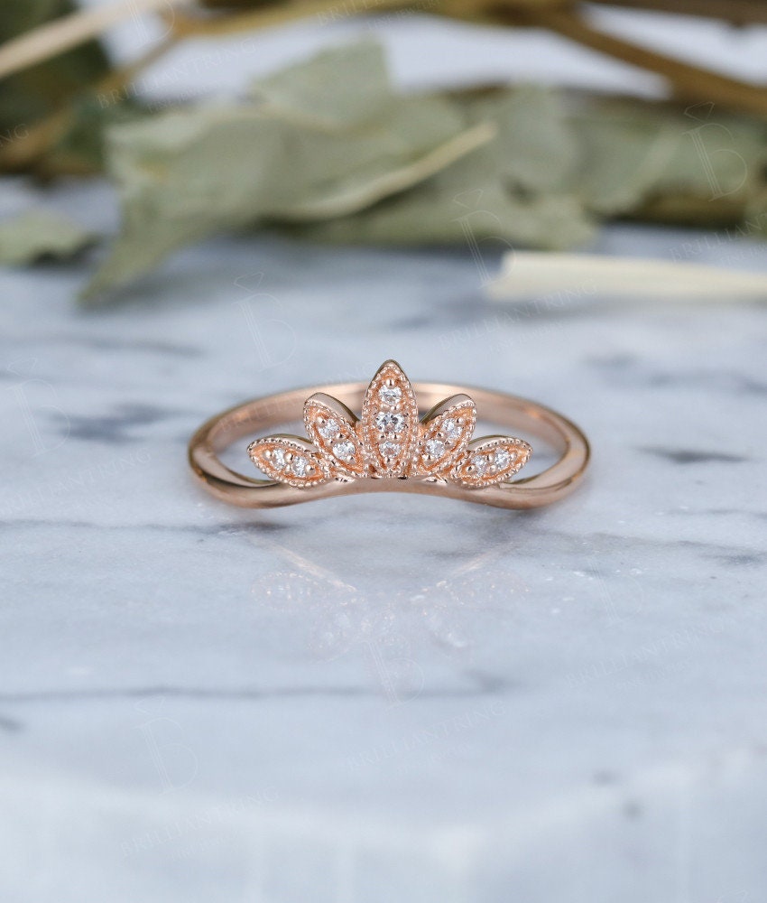 Alternative engagement ring vintage curved 14k rose gold Antique Halo diamond wedding   Unique bridal Birthstone Jewelry Anniversary