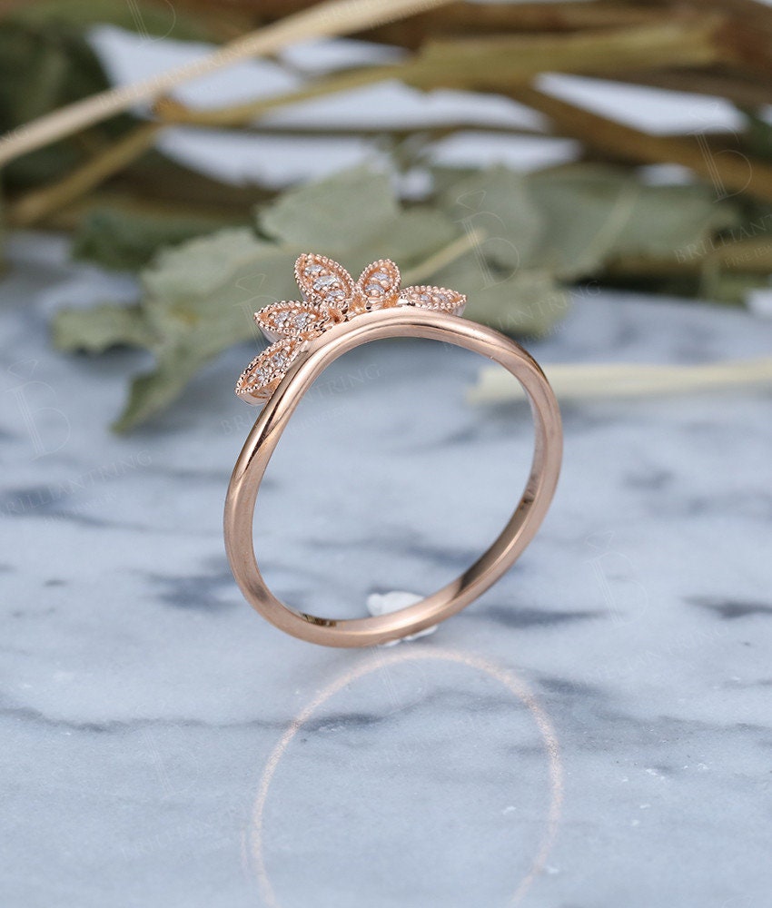 Alternative engagement ring vintage curved 14k rose gold Antique Halo diamond wedding   Unique bridal Birthstone Jewelry Anniversary