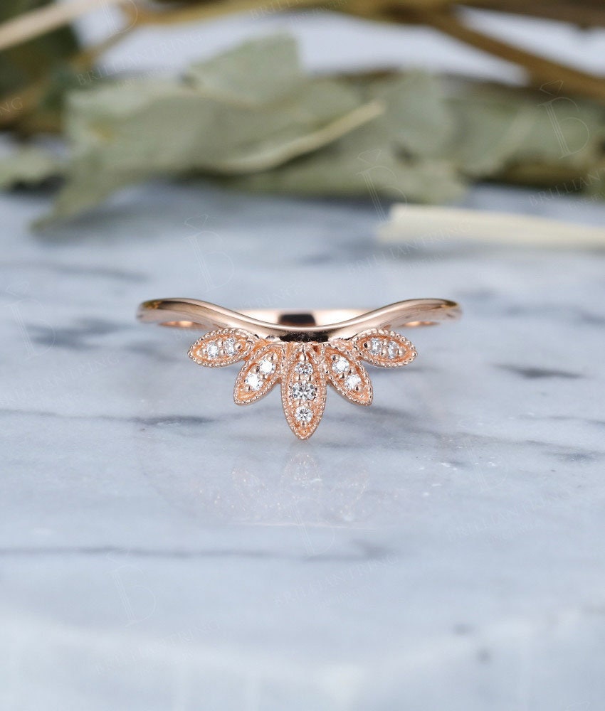 Alternative engagement ring vintage curved 14k rose gold Antique Halo diamond wedding   Unique bridal Birthstone Jewelry Anniversary