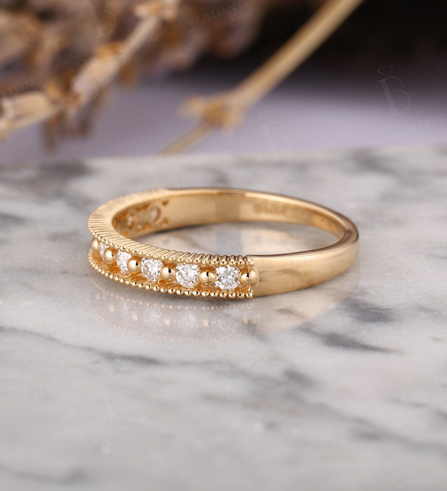 Diamond wedding band Vintage  yellow Gold Half eternity unique milgrain Art Deco Antique  Promise Anniversary wedding ring