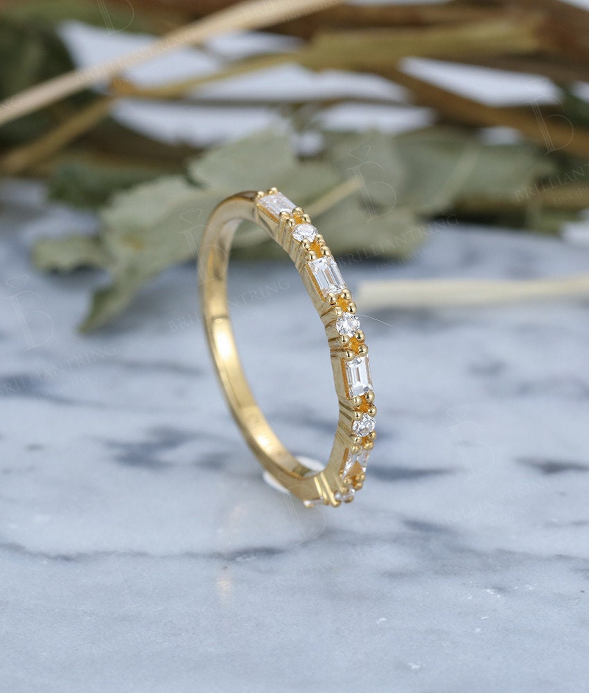 14k yellow gold wedding band  vintage half Eternity halo moissanite Art deco Stacking Promise Matching band Anniversary wedding ring