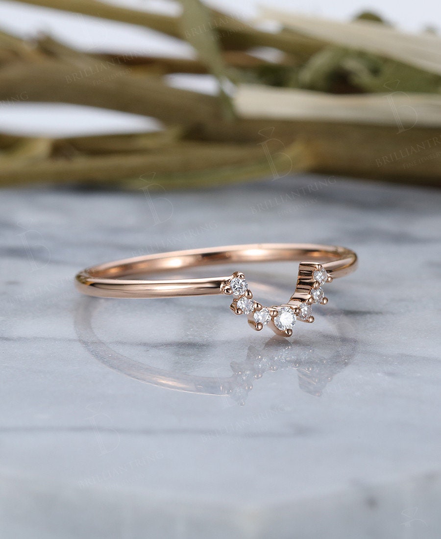 Moissanite/Diamond Curved wedding band rose gold ring Vintage Arched ring Bridal Set Antique Stacking Matching Promise Anniversary ring