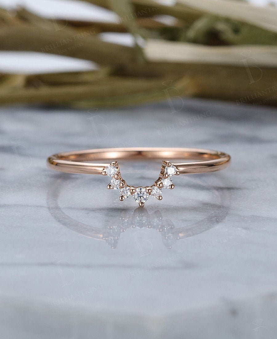 Moissanite/Diamond Curved wedding band rose gold ring Vintage Arched ring Bridal Set Antique Stacking Matching Promise Anniversary ring