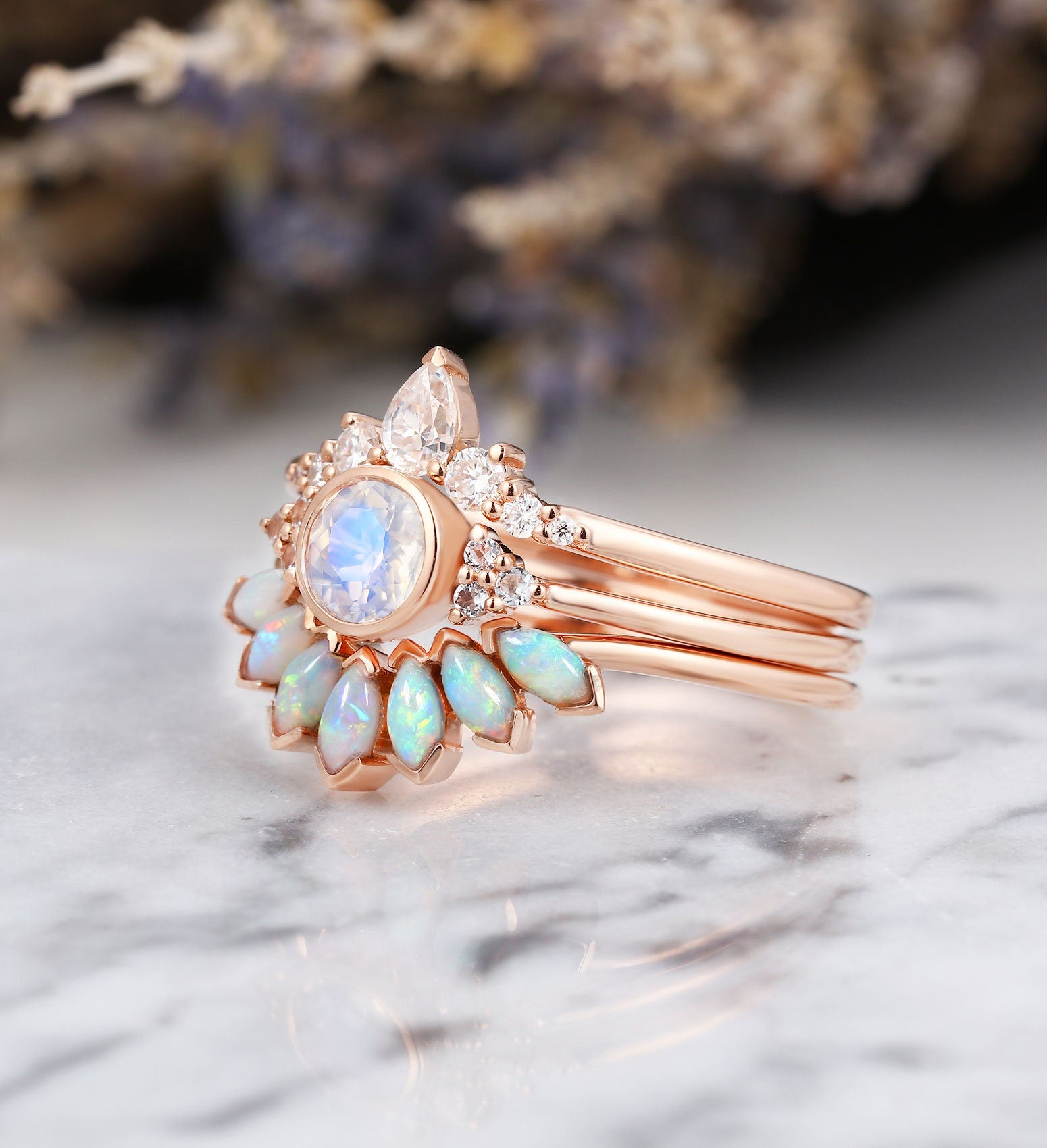 Art deco moonstone engagement ring set Vintage Opal Topaz rose gold ring Unique moissanite curved wedding band Bridal set Anniversary ring