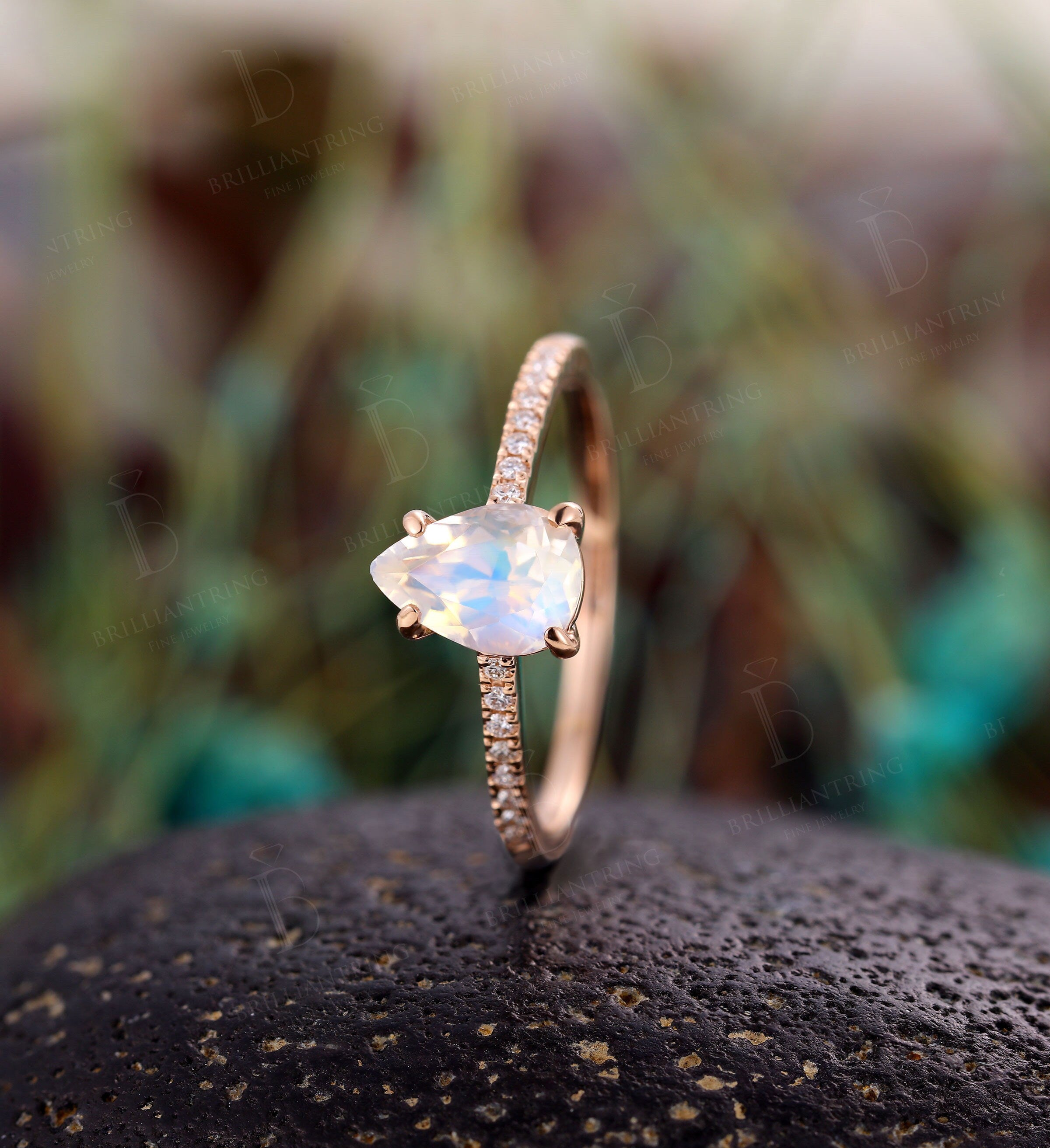 Moonstone engagement ring Rose gold pear shaped vintage Half eternity unique Wedding  Jewelry birthstone Anniversary wedding ring