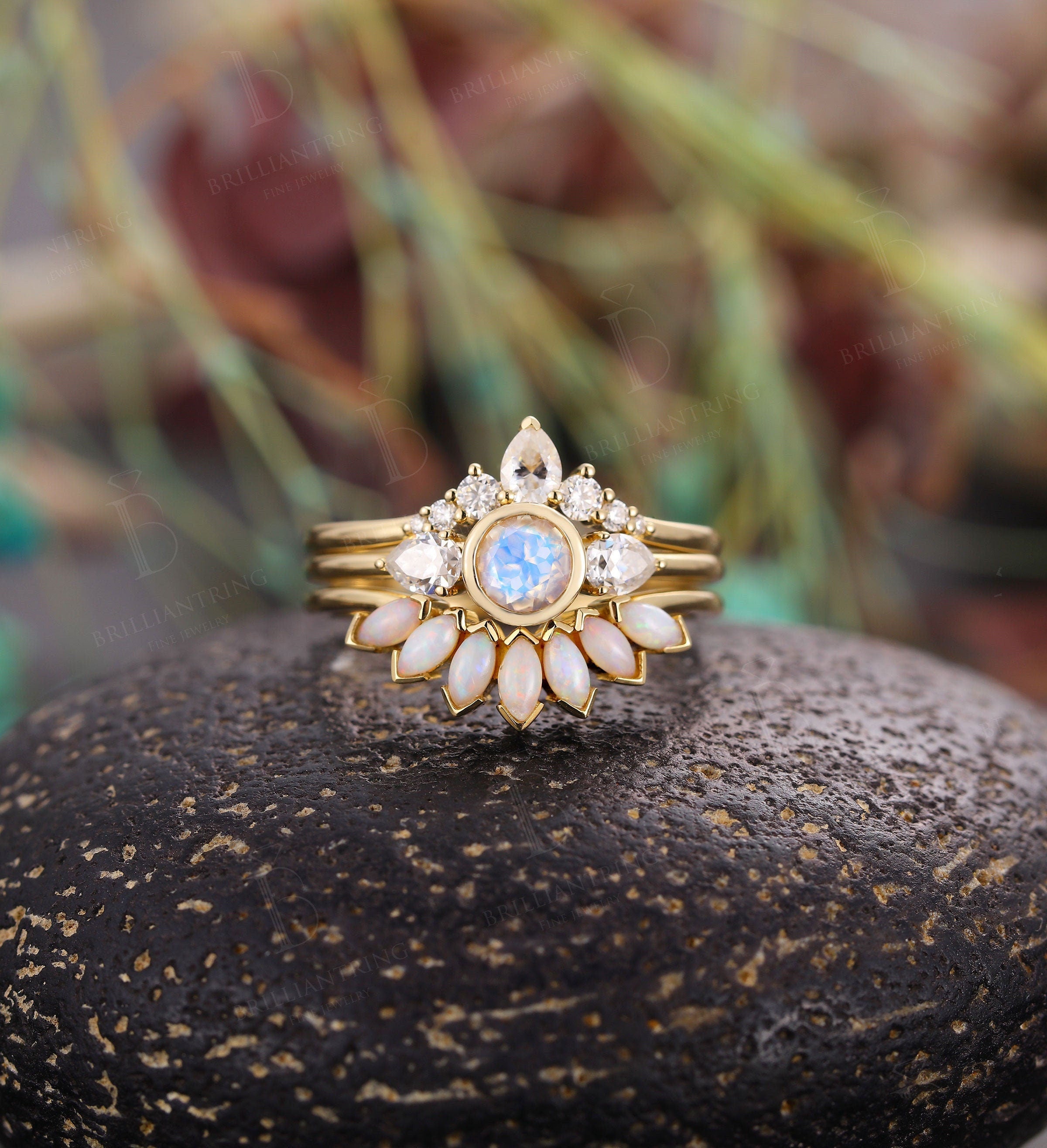 Art deco moonstone engagement ring set Vintage Opal Jewelry yellow gold Unique moissanite wedding band Bridal set Anniversary wedding ring