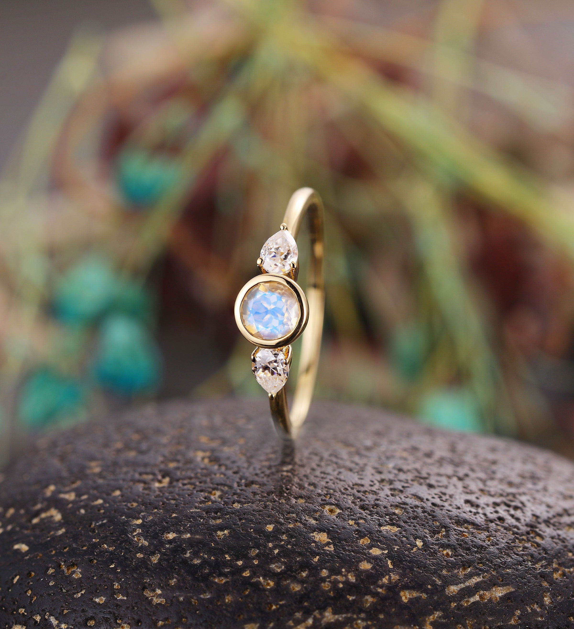 Moonstone engagement ring  Vintage bezel set pear shaped moissanite 3 stone ring yellow gold Unique Delicate  Anniversary wedding ring