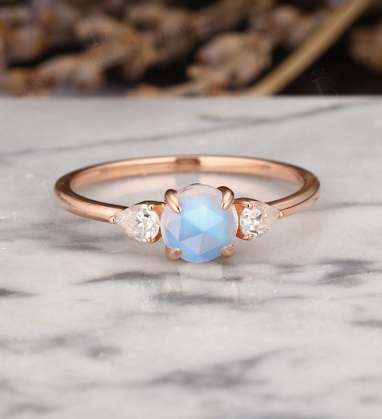 Moonstone rose cut engagement ring pear shaped moissanite unique rose gold vintage ring antique Jewelry art doco anniversary wedding ring