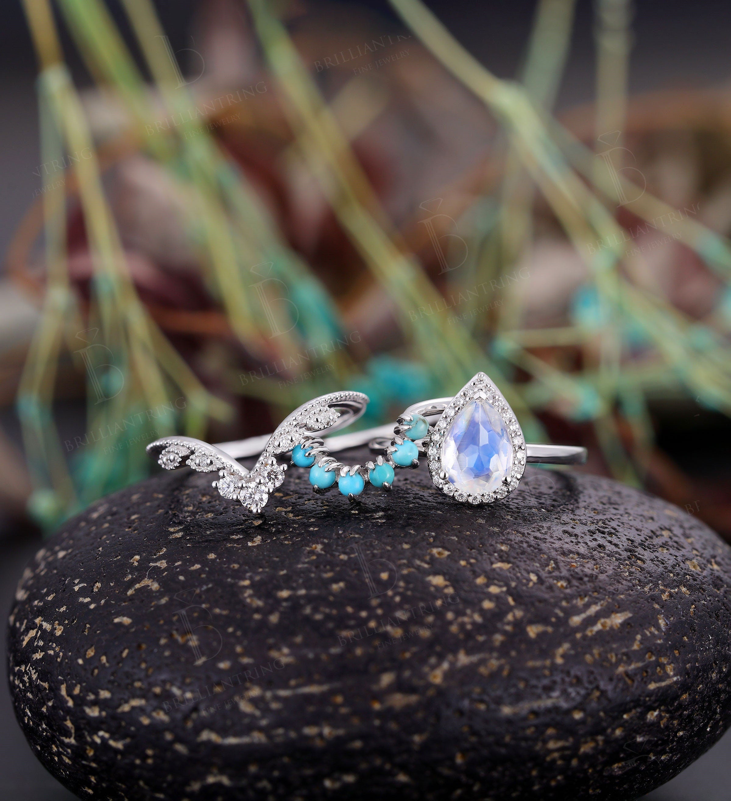 Moonstone engagement ring set  White gold pear shaped vintage leaf moissanite turquoise Wedding Jewelry birthstone Anniversary gift