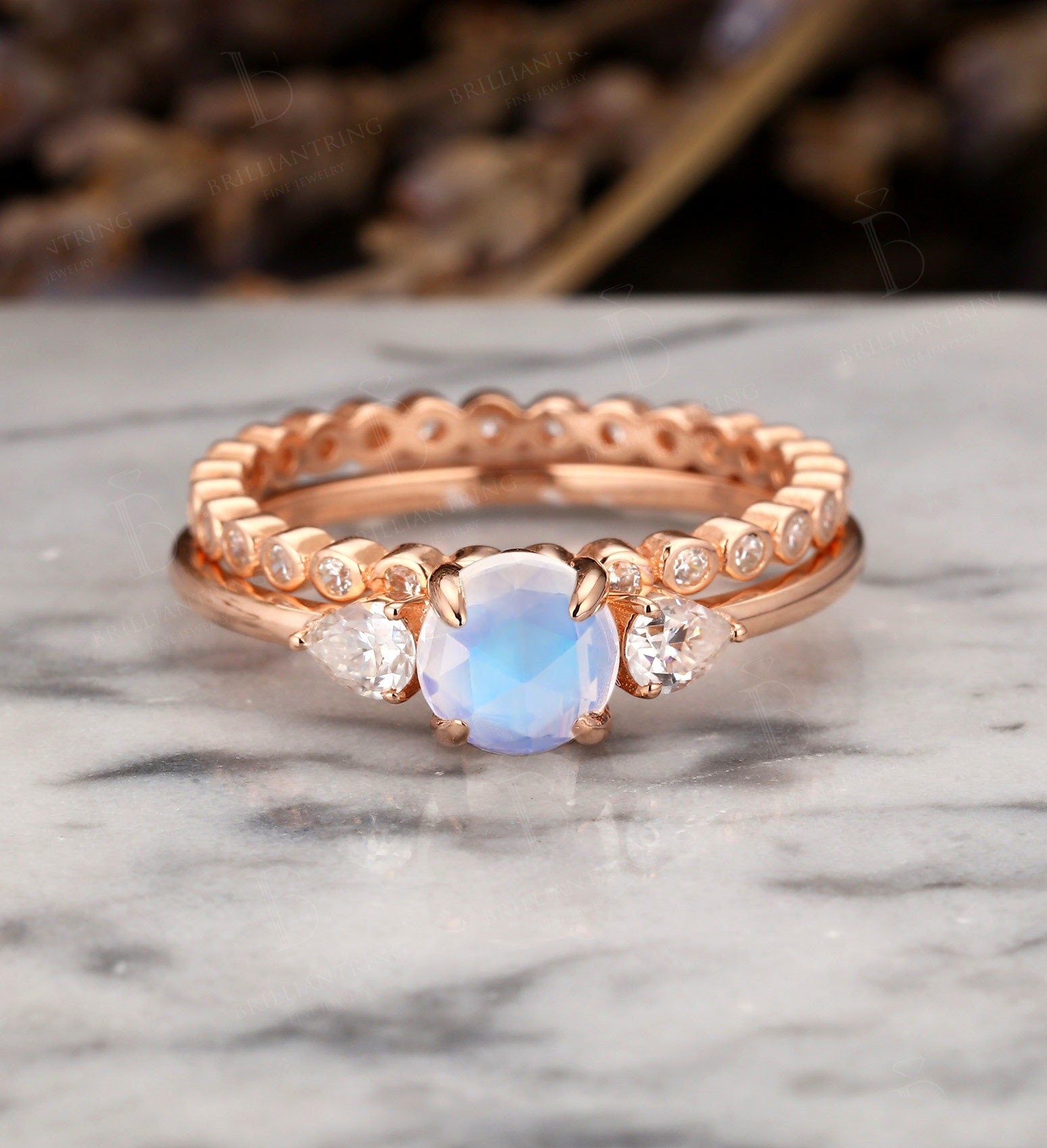 Moonstone engagement ring pear shaped moissanite unique rose gold vintage diamond ring antique Jewelry art doco anniversary wedding ring