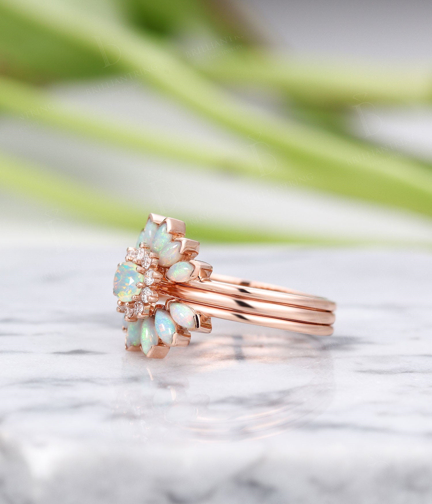 Faceted Opal engagement ring ,Marquise cut opal wedding band,Vintage rose gold wedding ring,Art deco Jewelry flower ring set diamond