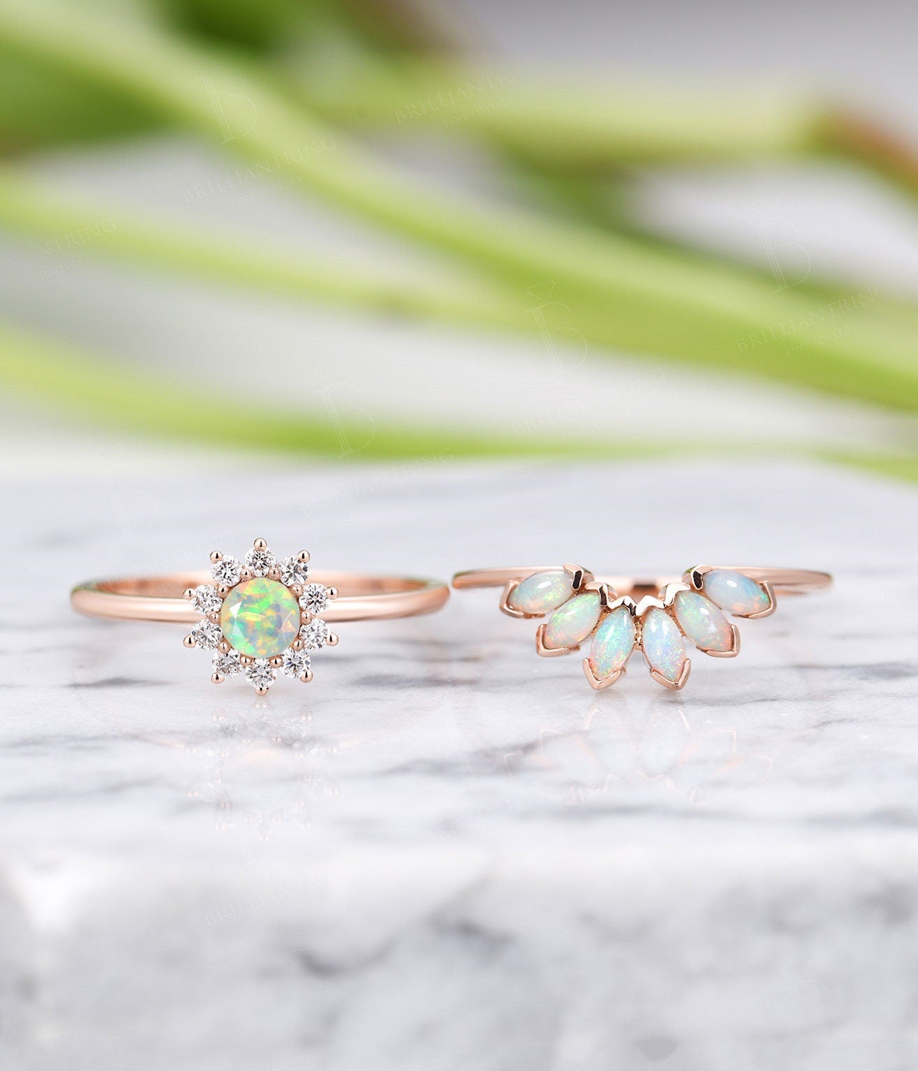 Faceted Opal engagement ring , Marquise cut opal wedding band,Vintage diamond rose gold wedding ring,Art deco Jewelry flower ring set