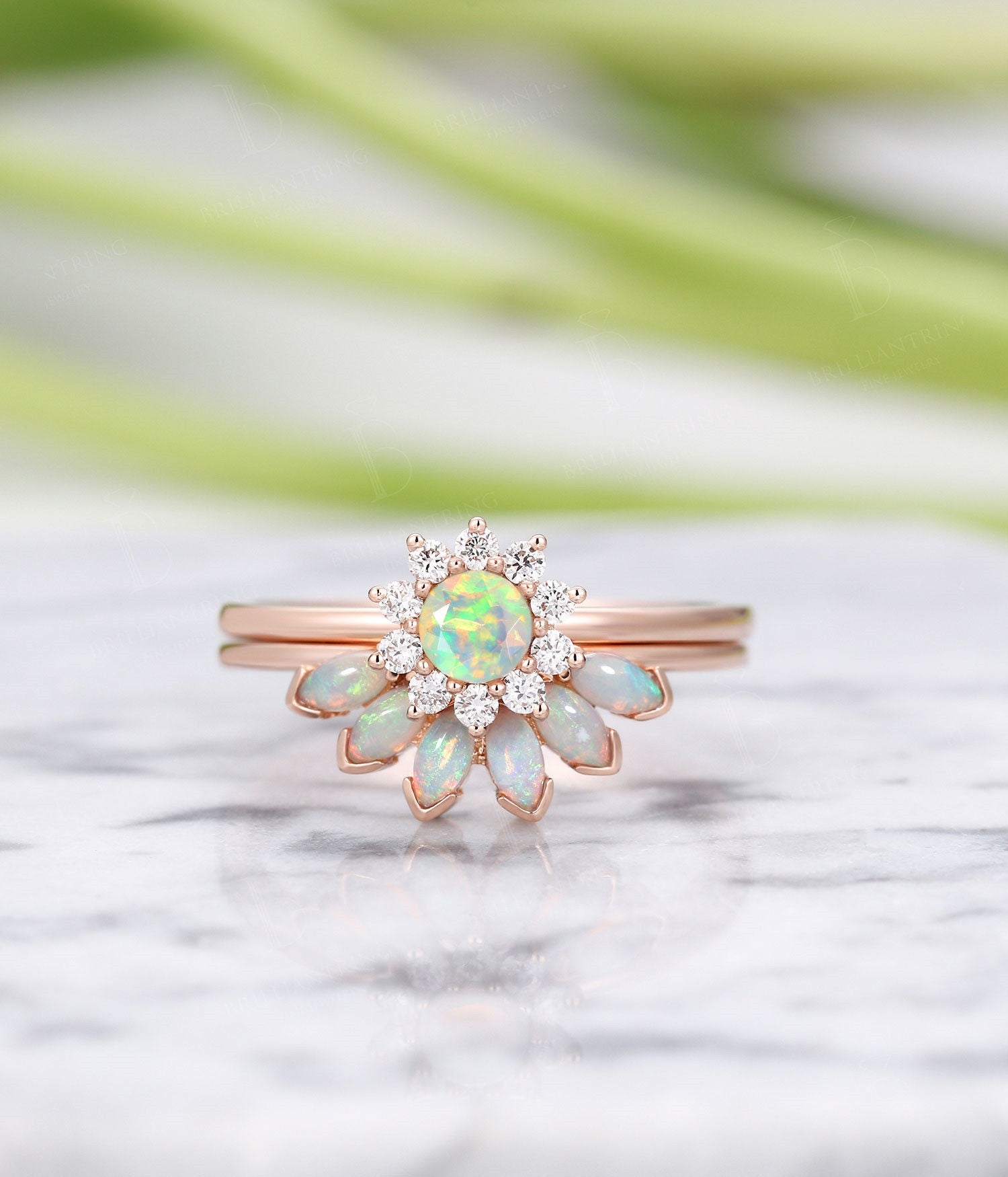 Faceted Opal engagement ring , Marquise cut opal wedding band,Vintage diamond rose gold wedding ring,Art deco Jewelry flower ring set