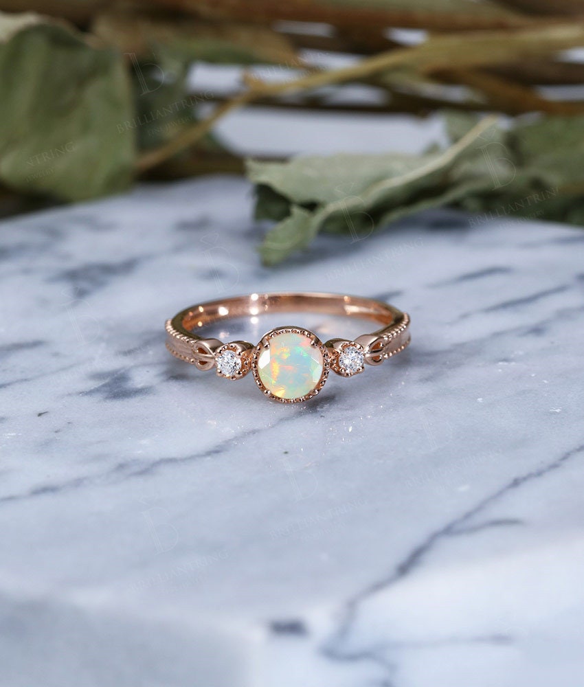 Faceted Opal engagement ring vintage Rose gold Antique Delicate Halo diamond milgrain Wedding  Promise Anniversary wedding ring