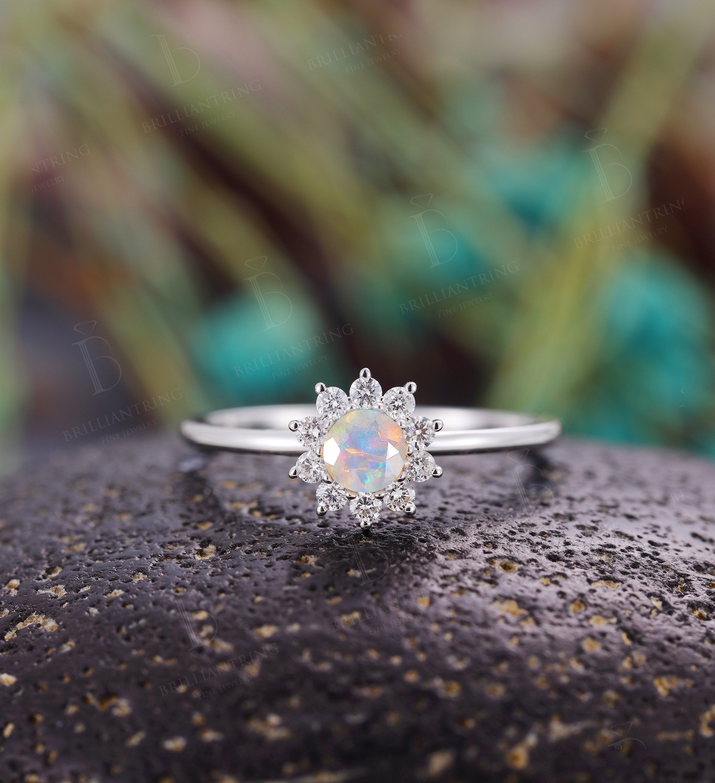 Faceted Opal engagement ring  halo diamond vintage white gold solid prong set dainty Art deco Jewelry promise anniversary wedding ring