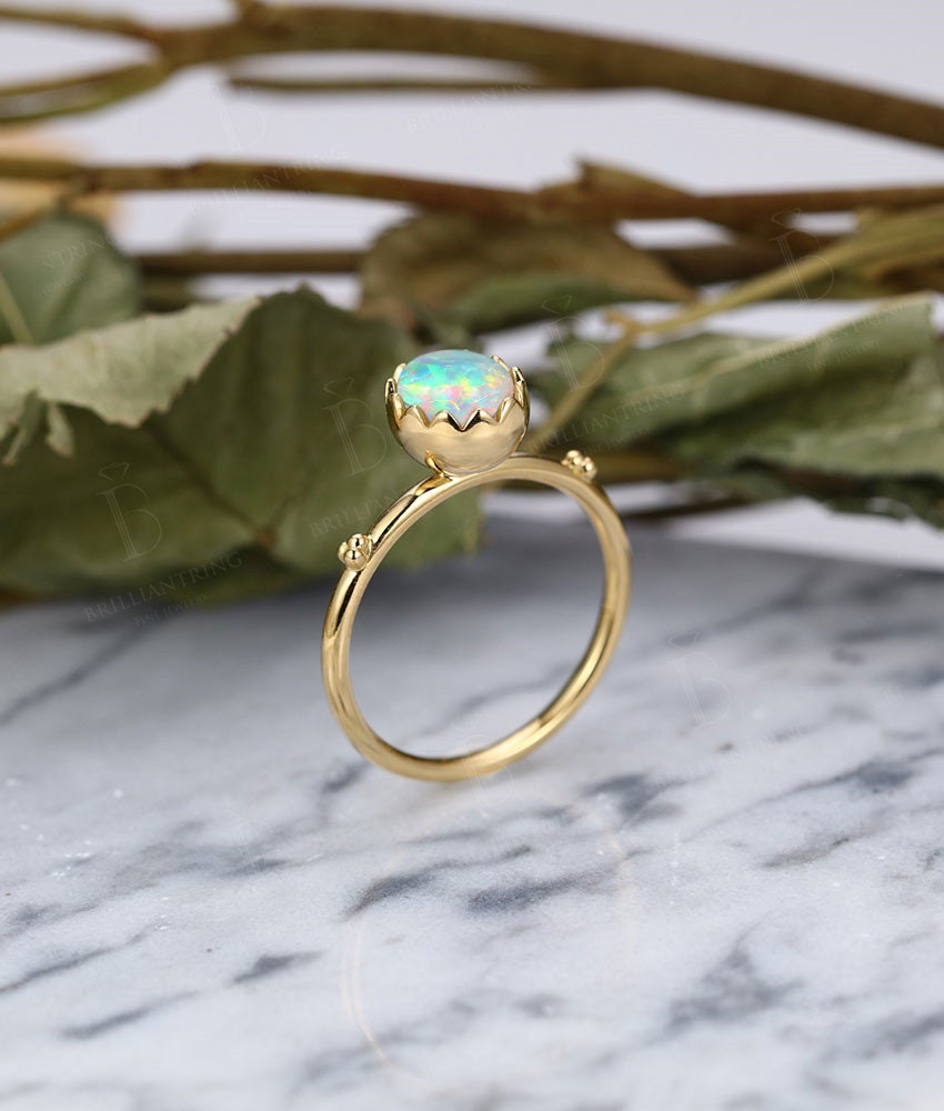 Faceted Opal engagement ring vintage antique  oval shaped 14k gold art deco unique birthstone Delicate wedding promise wedding ring