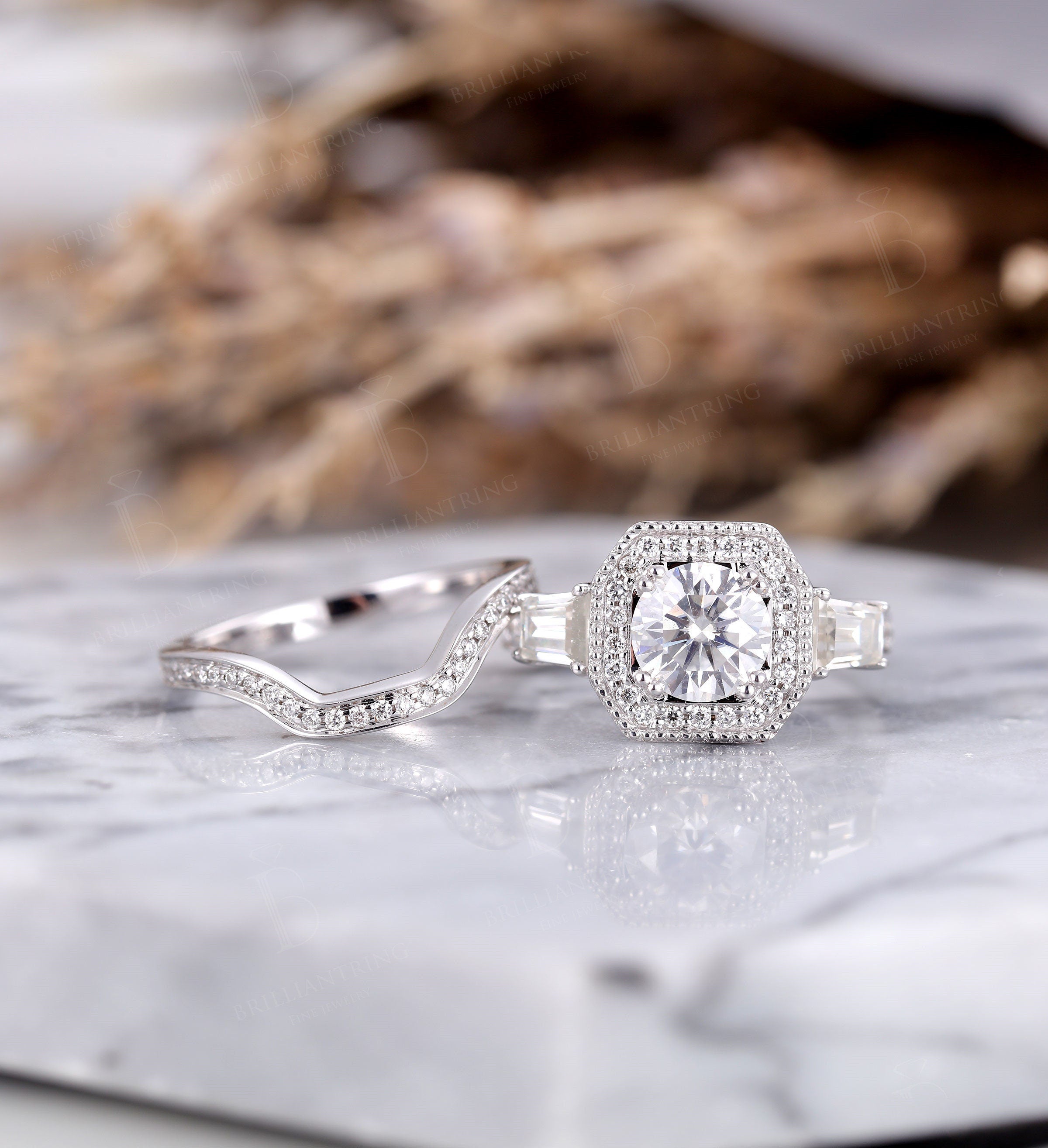 Moissanite engagement ring set vintage halo baguette stacking Wedding ring  unique antique Jewelry promise Anniversary wedding ring