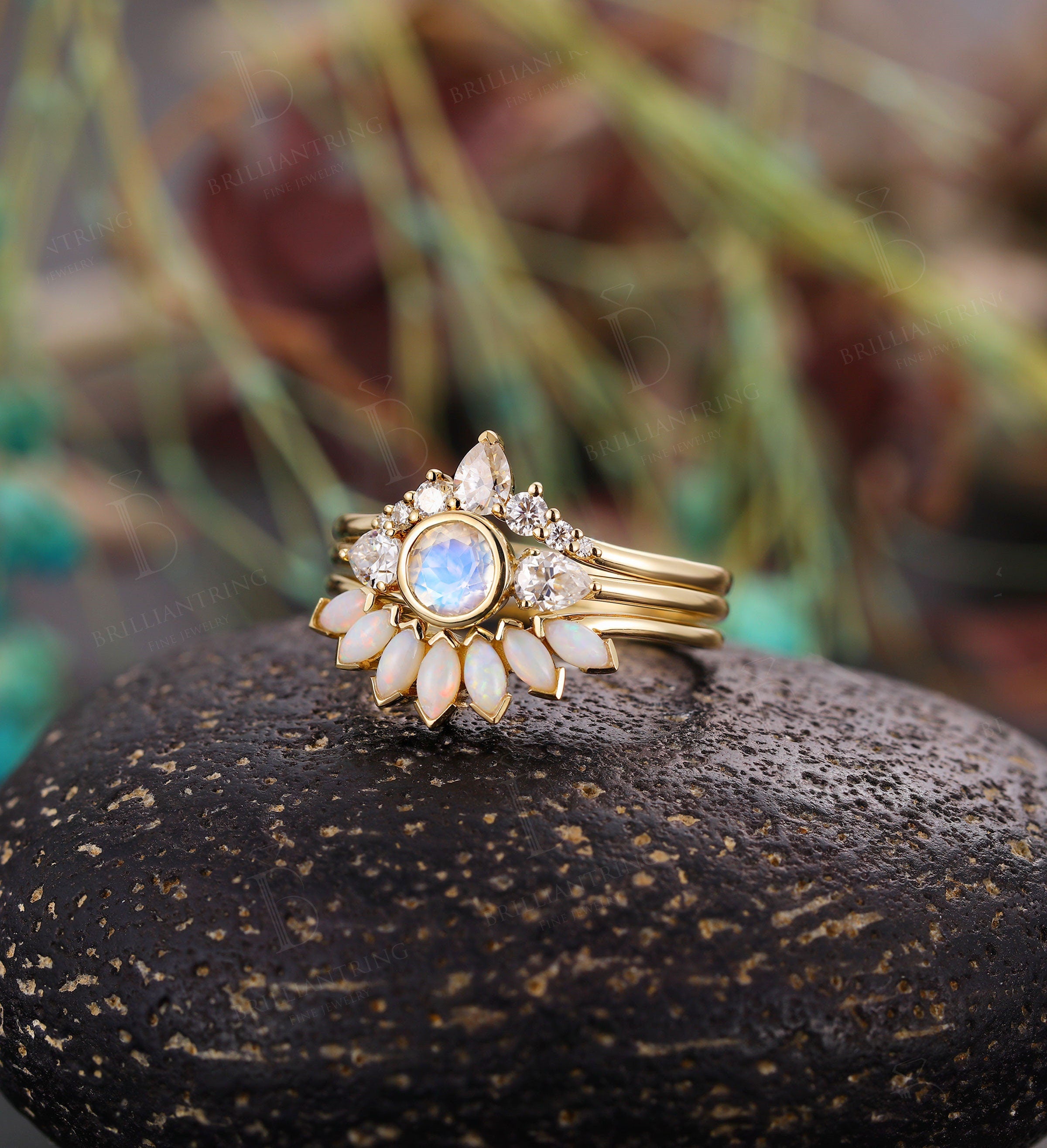 Art deco moonstone engagement ring set Vintage Opal Jewelry yellow gold Unique moissanite wedding band Bridal set Anniversary wedding ring