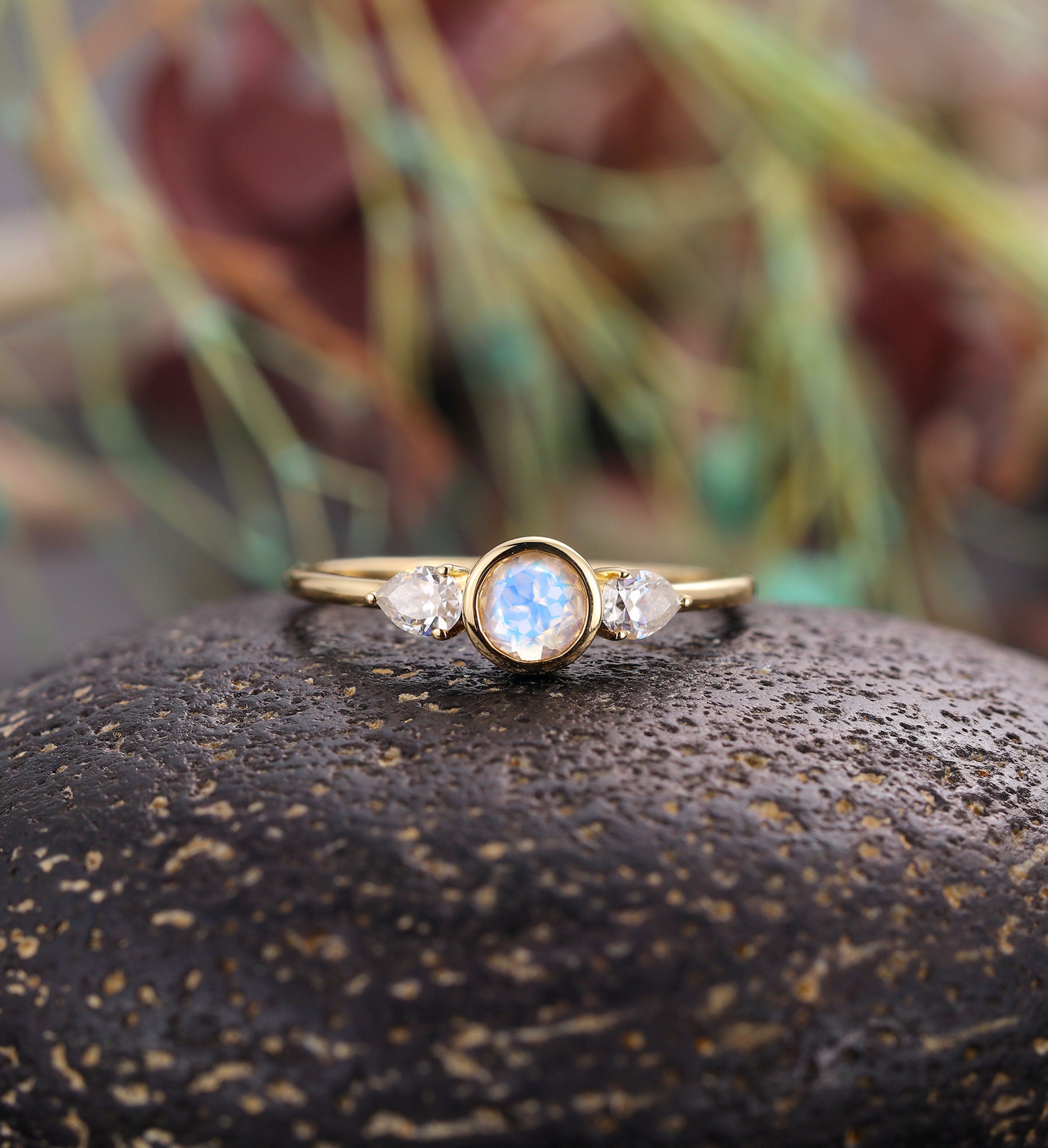 Moonstone engagement ring  Vintage bezel set pear shaped moissanite 3 stone ring yellow gold Unique Delicate  Anniversary wedding ring